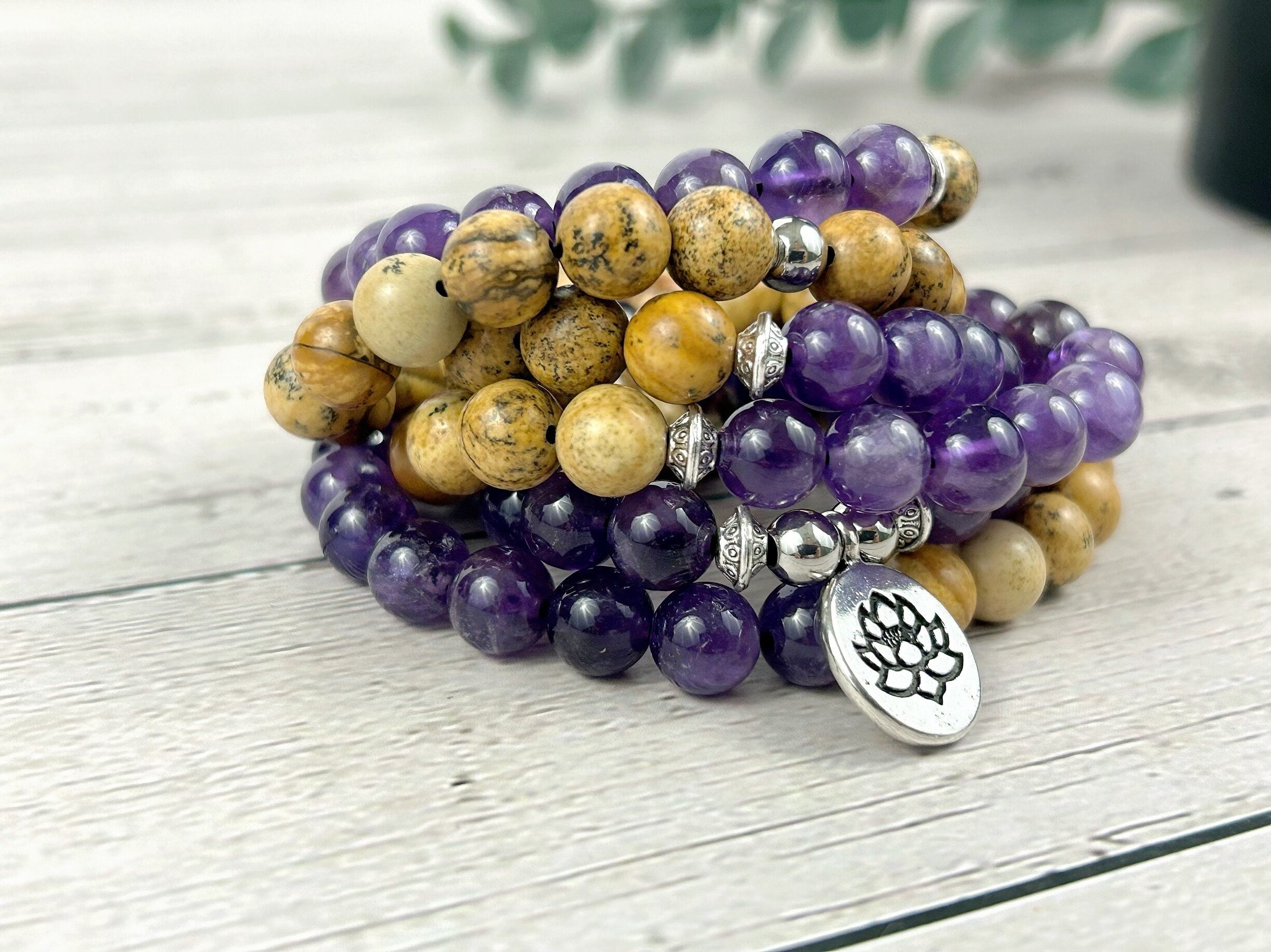 108 Mala Beads Necklace, Picture Jasper Necklace, Japa Mala, Prayer Beads, 108 Mala Beads Bracelet, Amethyst Mala, Meditation Necklace