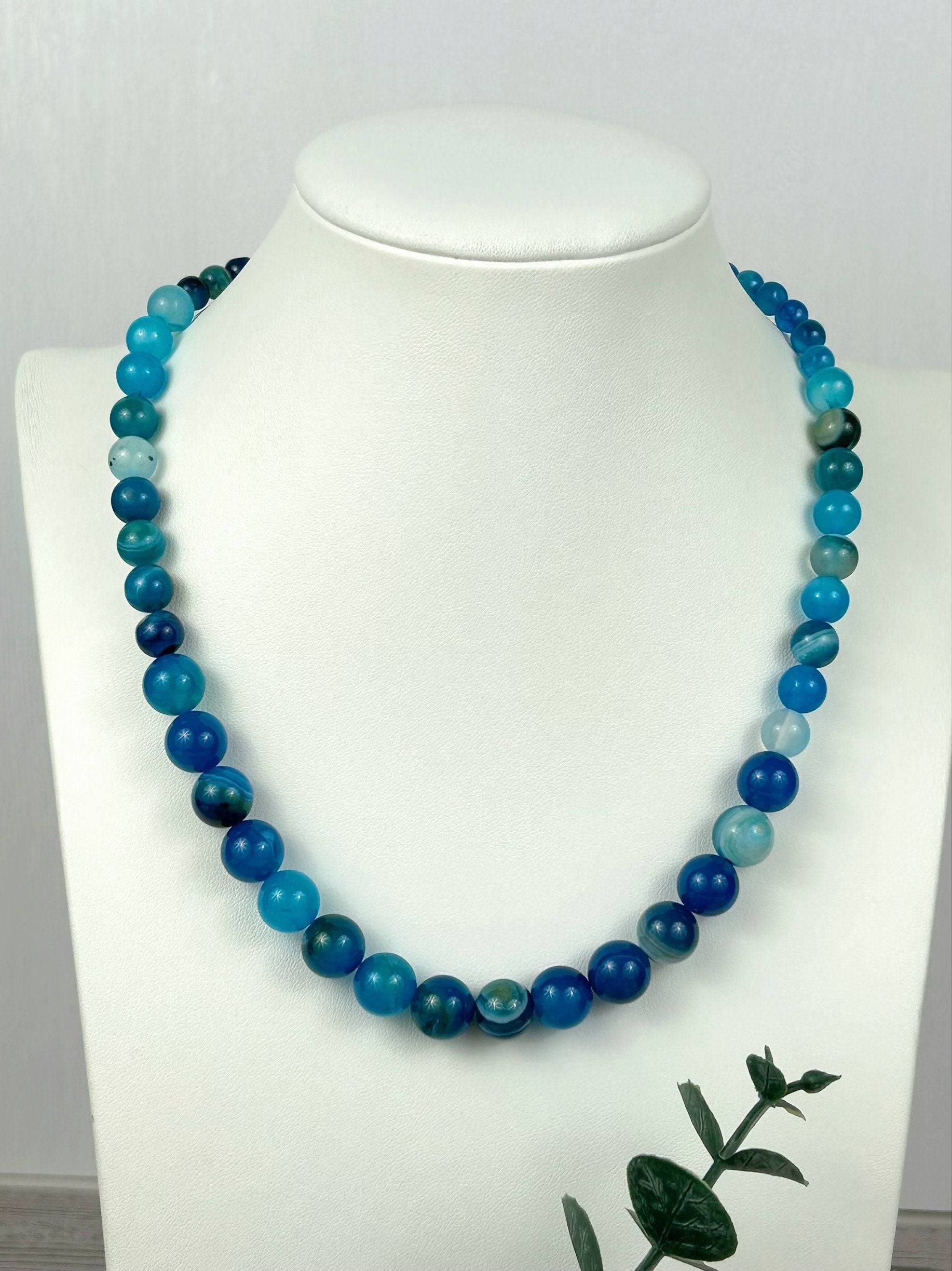 Blue Beaded Necklace, Blue Agate Necklace, Gemstones Jewelry, Handmade Jewelry, Protection Necklace, Women Necklace, Necklace Gift