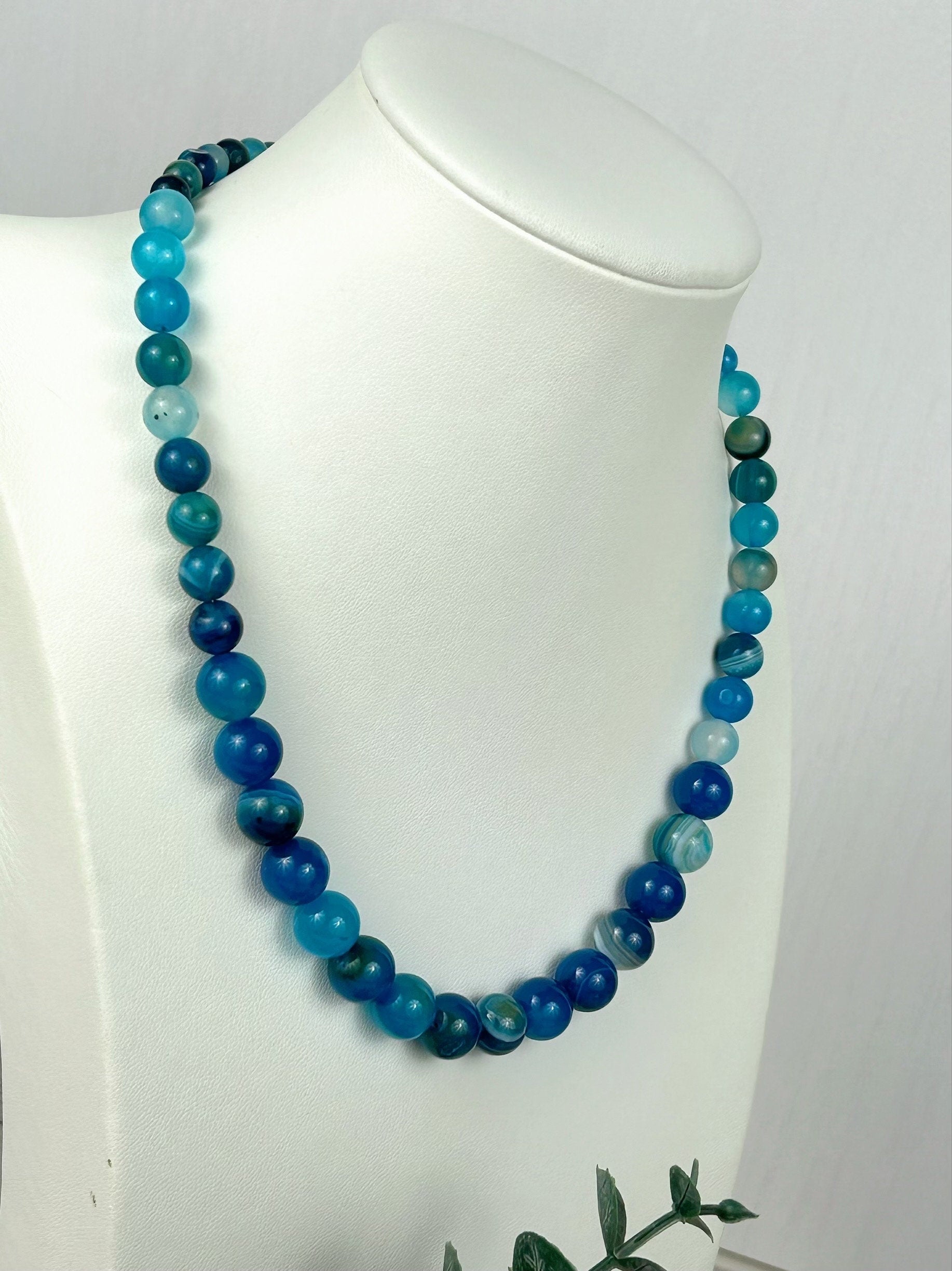 Blue Beaded Necklace, Blue Agate Necklace, Gemstones Jewelry, Handmade Jewelry, Protection Necklace, Women Necklace, Necklace Gift