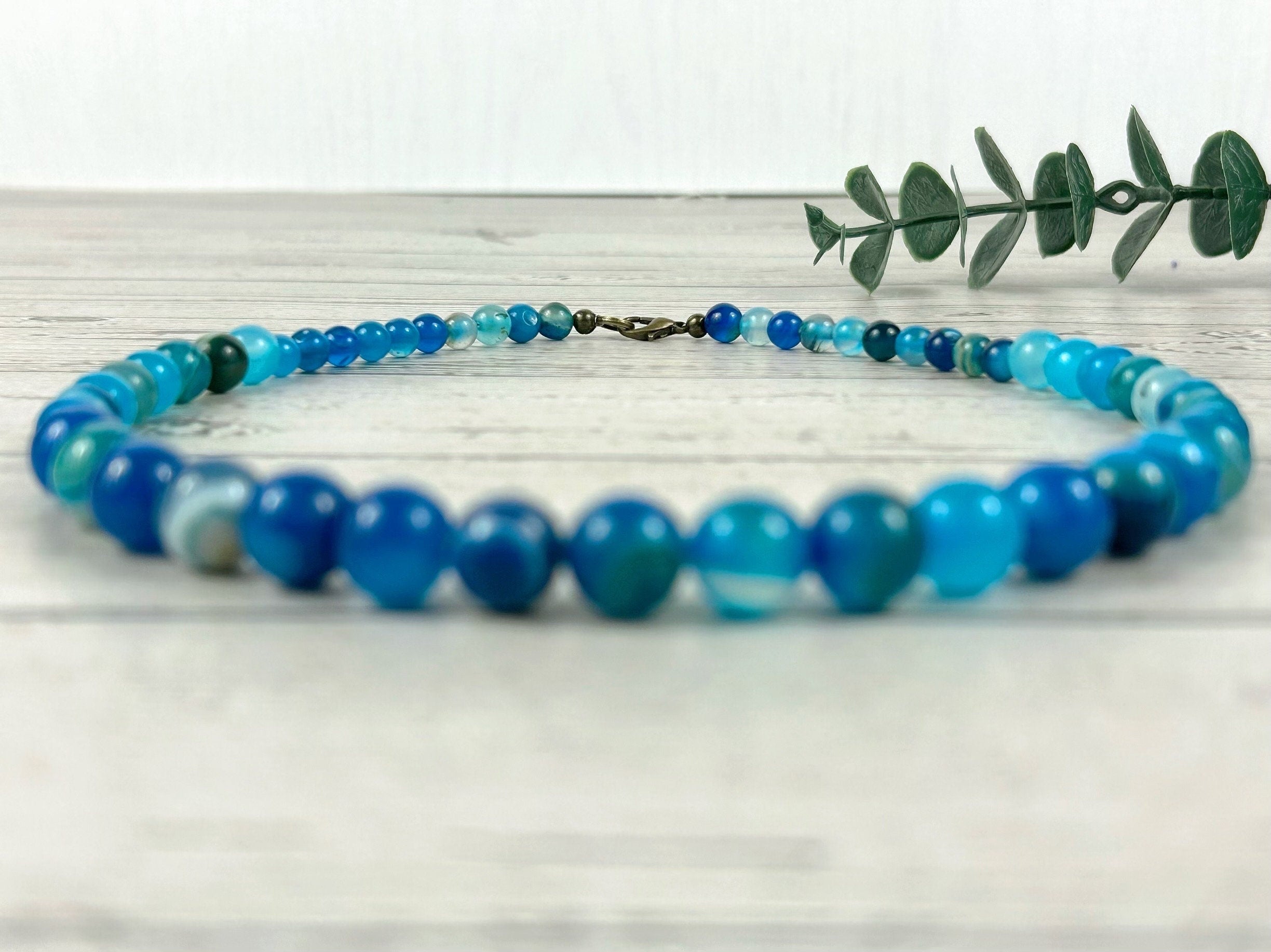 Blue Beaded Necklace, Blue Agate Necklace, Gemstones Jewelry, Handmade Jewelry, Protection Necklace, Women Necklace, Necklace Gift