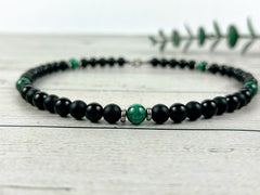 Black Beaded Necklace, Black Onyx Necklace, Malachite Necklace, Gemstone Necklace for Men, Boyfriend Gift, Protection Necklace, Gift for Her