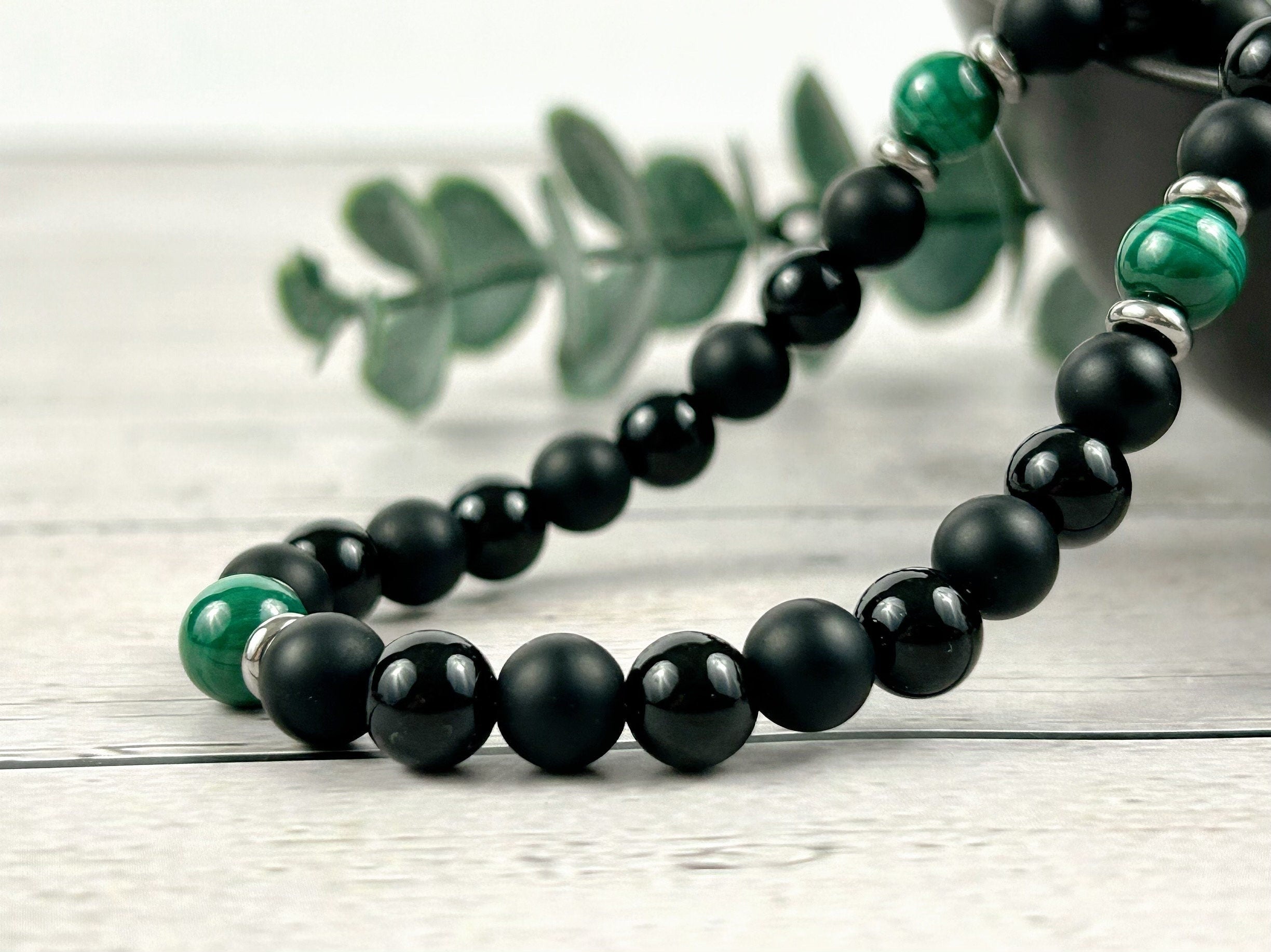 Black Beaded Necklace, Black Onyx Necklace, Malachite Necklace, Gemstone Necklace for Men, Boyfriend Gift, Protection Necklace, Gift for Her