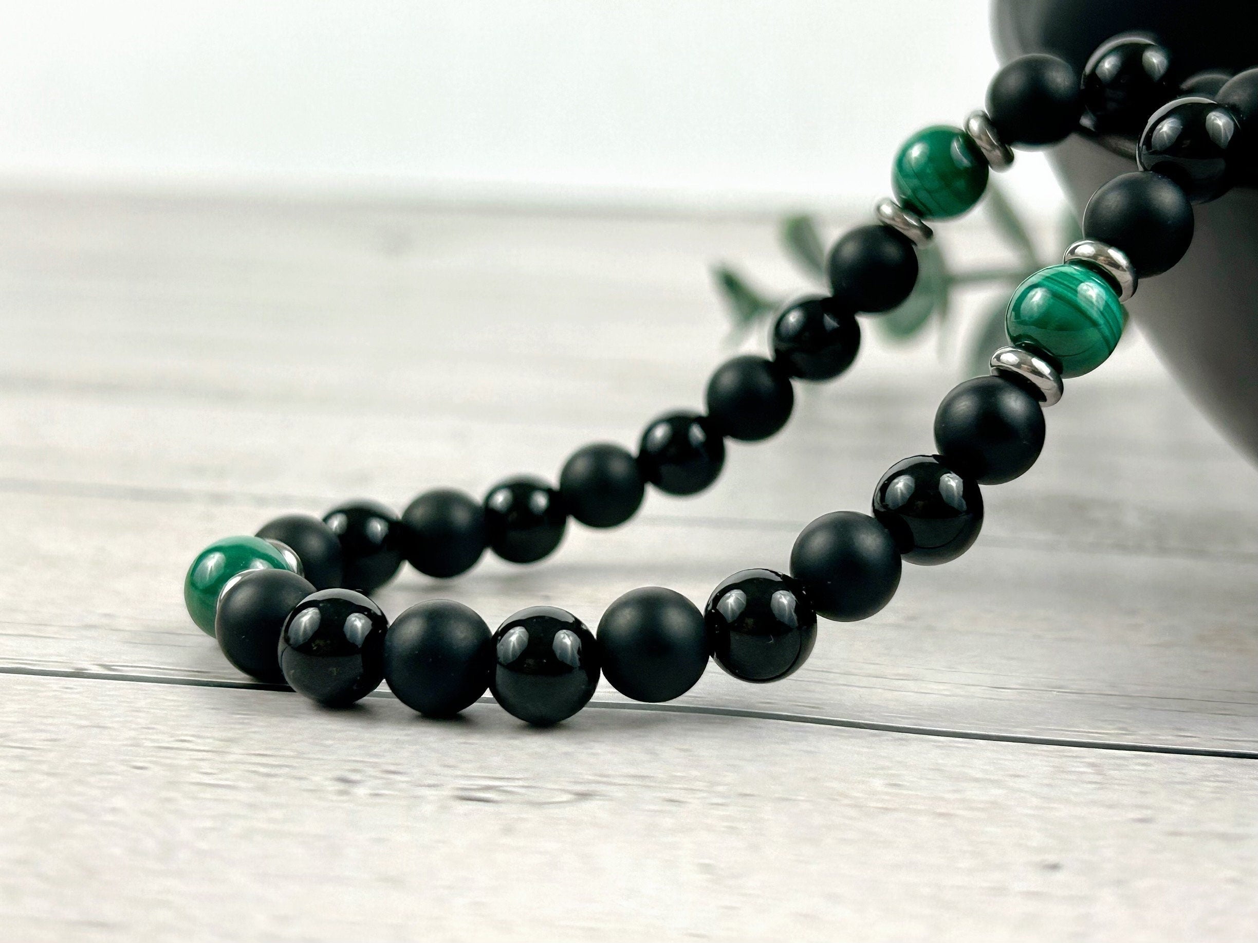 Black Beaded Necklace, Black Onyx Necklace, Malachite Necklace, Gemstone Necklace for Men, Boyfriend Gift, Protection Necklace, Gift for Her