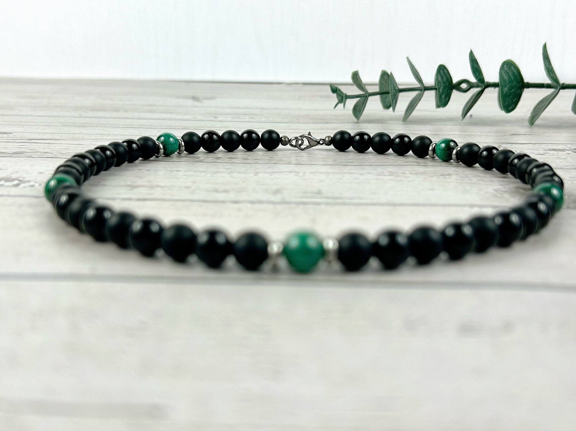 Black Beaded Necklace, Black Onyx Necklace, Malachite Necklace, Gemstone Necklace for Men, Boyfriend Gift, Protection Necklace, Gift for Her