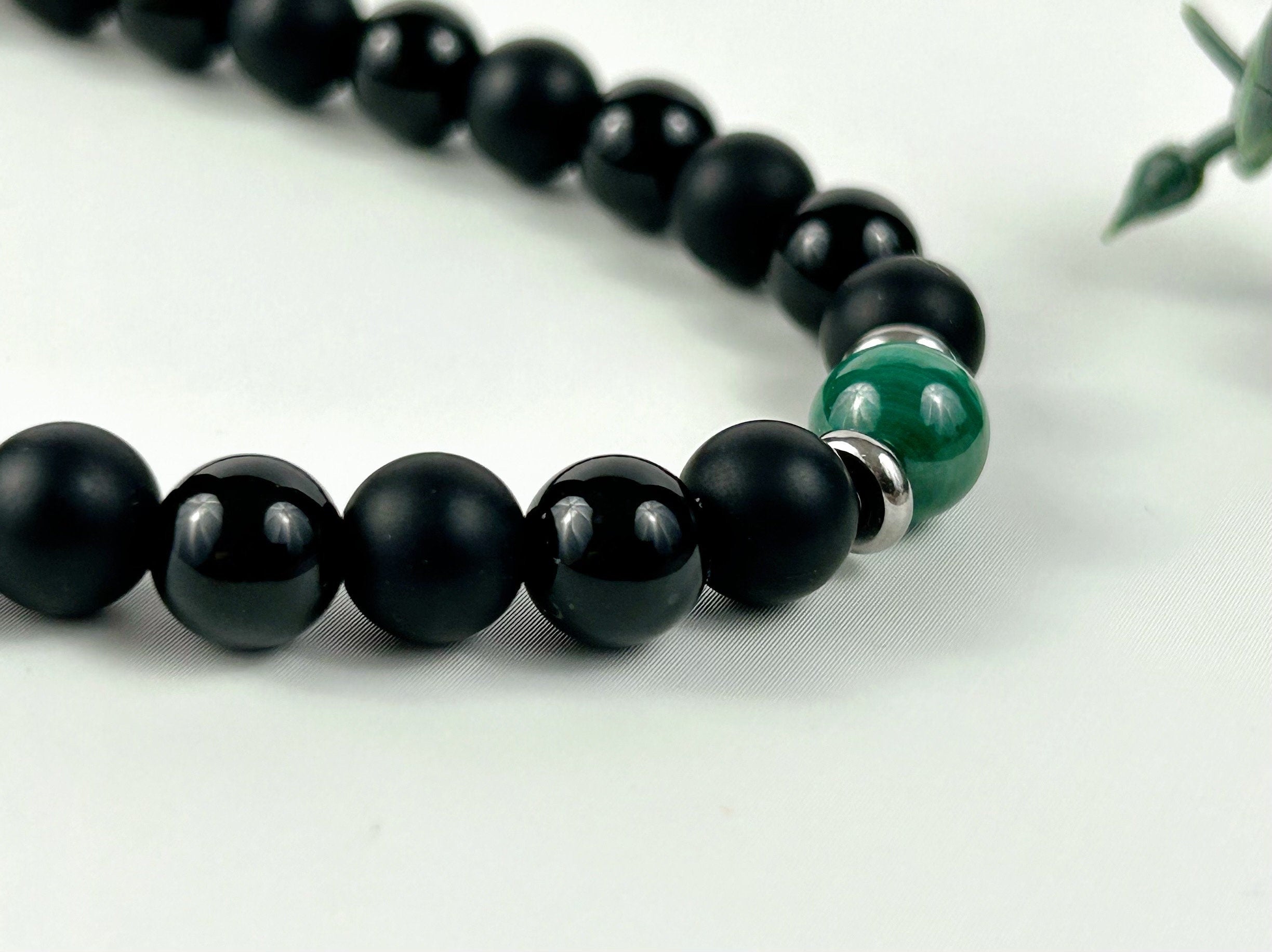 Black Beaded Necklace, Black Onyx Necklace, Malachite Necklace, Gemstone Necklace for Men, Boyfriend Gift, Protection Necklace, Gift for Her