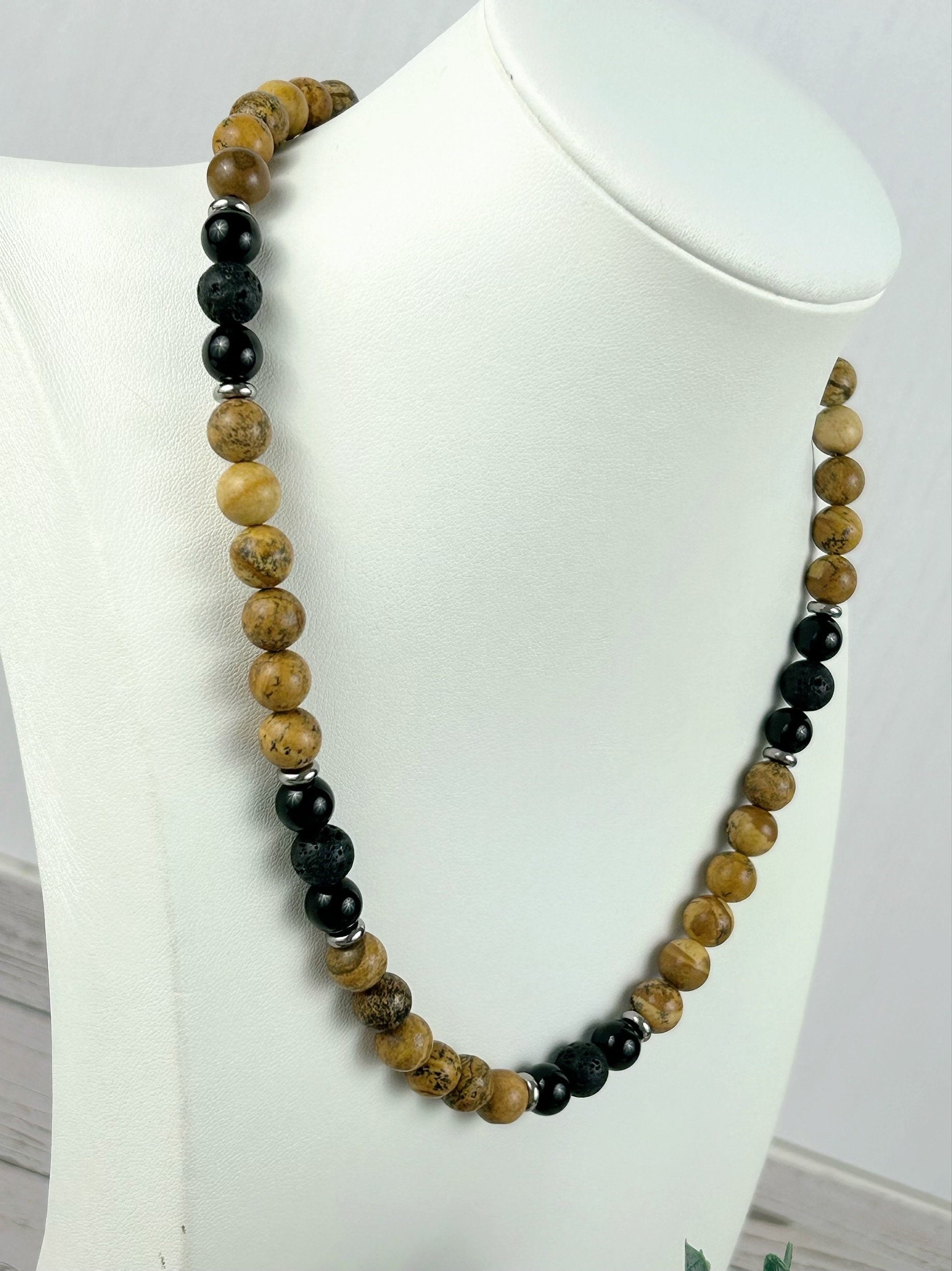 Picture Jasper Necklace, Black Onyx Necklace, Black Lava Beads, Gemstone Necklace for Men, Boyfriend Gift, Protection Necklace, Gift for Her