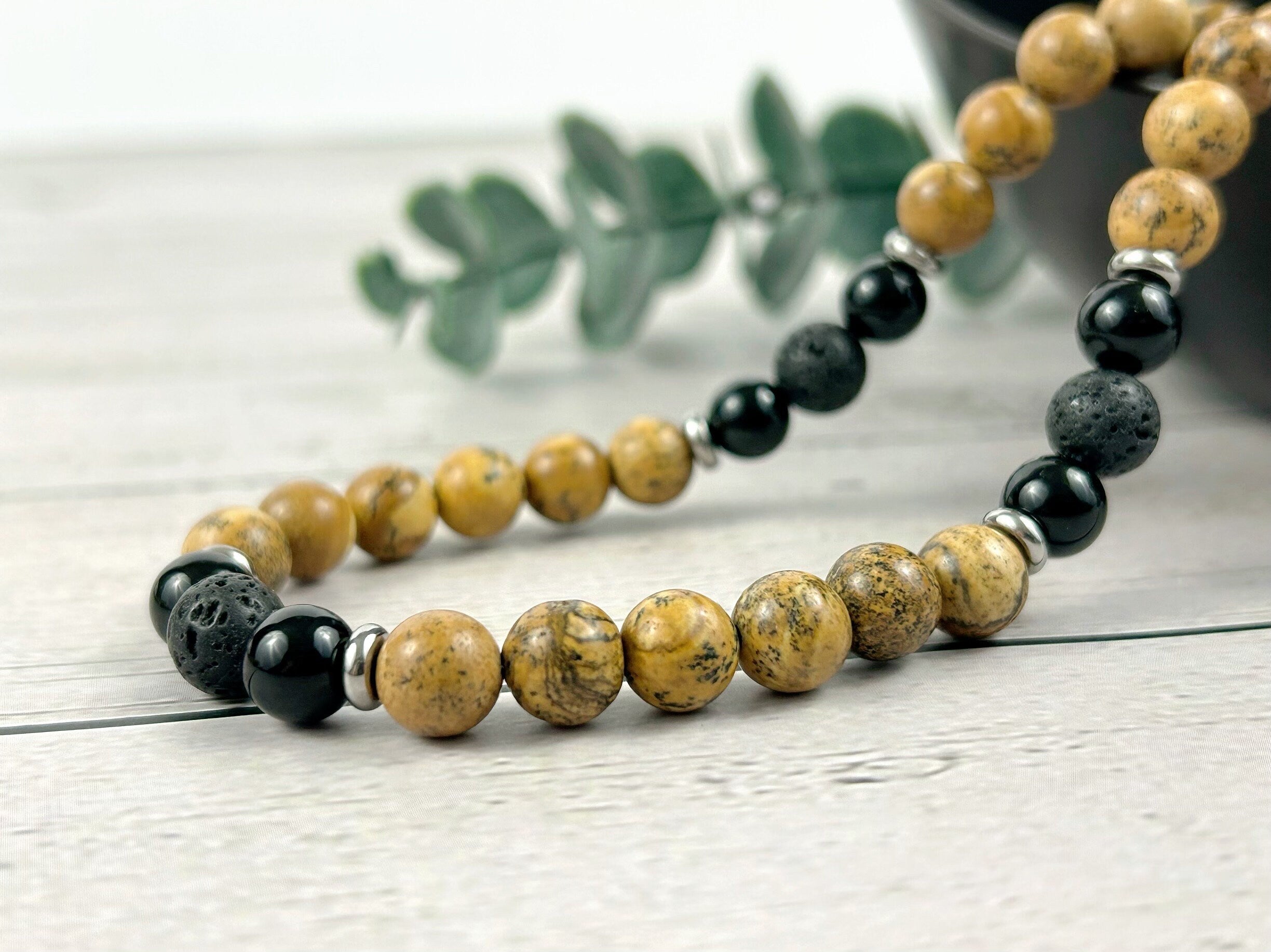 Picture Jasper Necklace, Black Onyx Necklace, Black Lava Beads, Gemstone Necklace for Men, Boyfriend Gift, Protection Necklace, Gift for Her