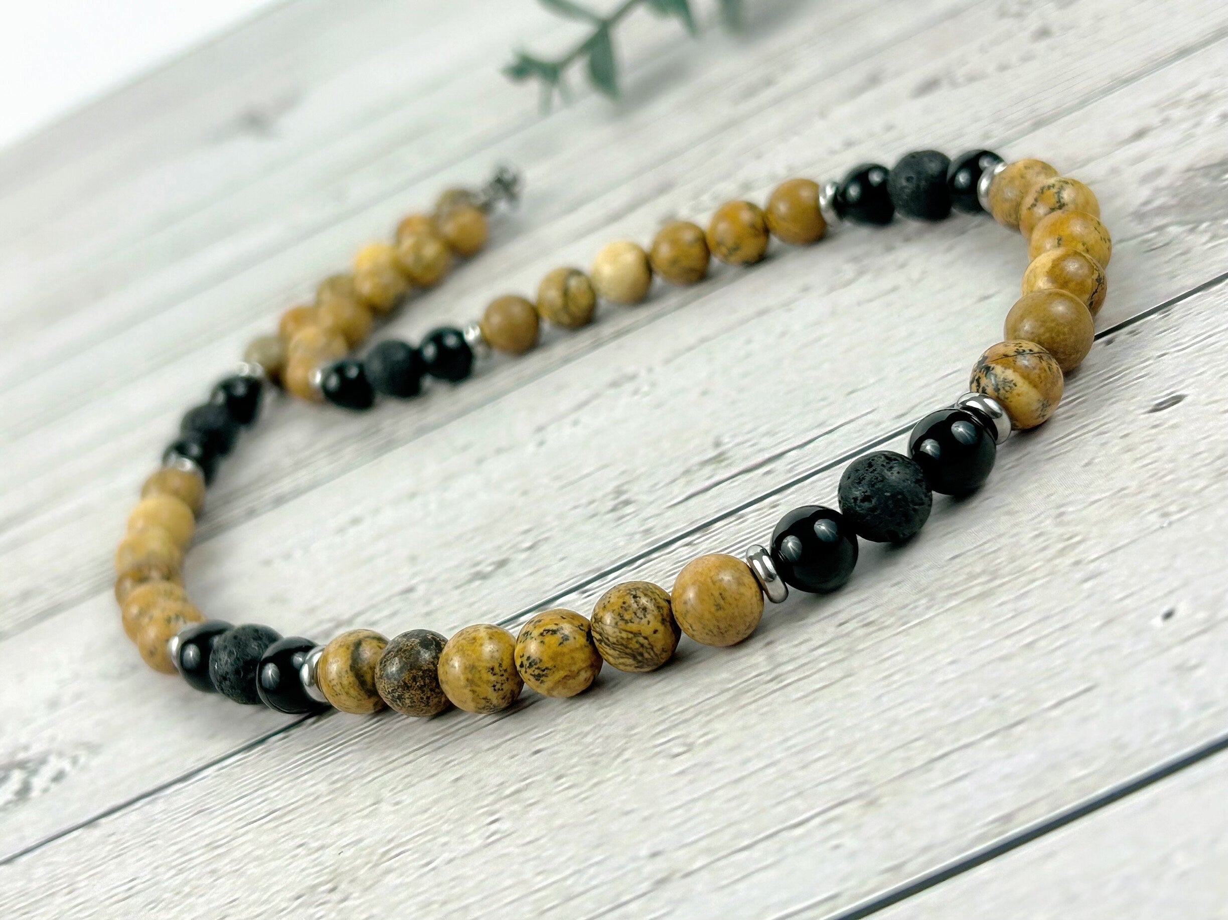 Picture Jasper Necklace, Black Onyx Necklace, Black Lava Beads, Gemstone Necklace for Men, Boyfriend Gift, Protection Necklace, Gift for Her
