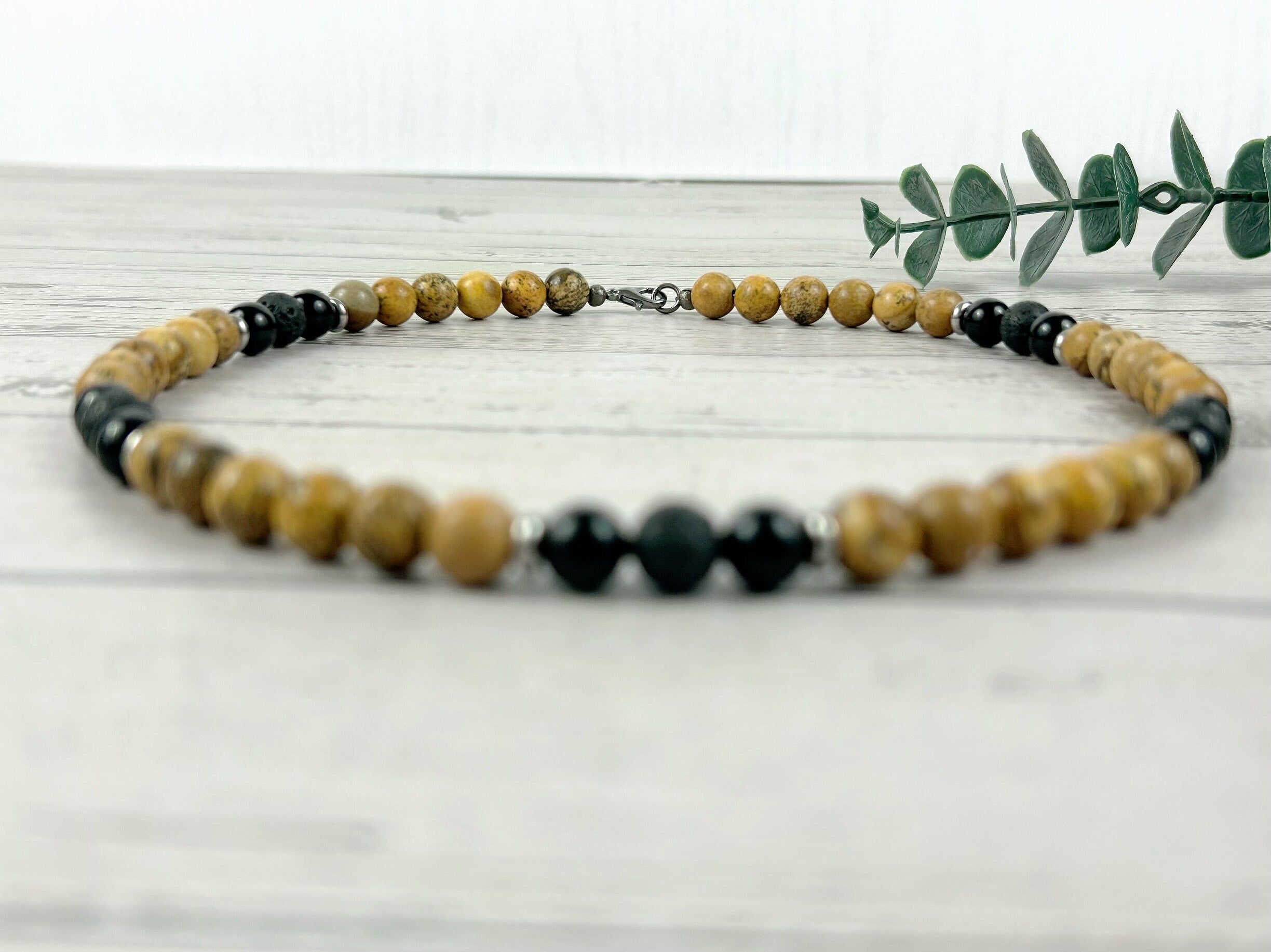 Picture Jasper Necklace, Black Onyx Necklace, Black Lava Beads, Gemstone Necklace for Men, Boyfriend Gift, Protection Necklace, Gift for Her
