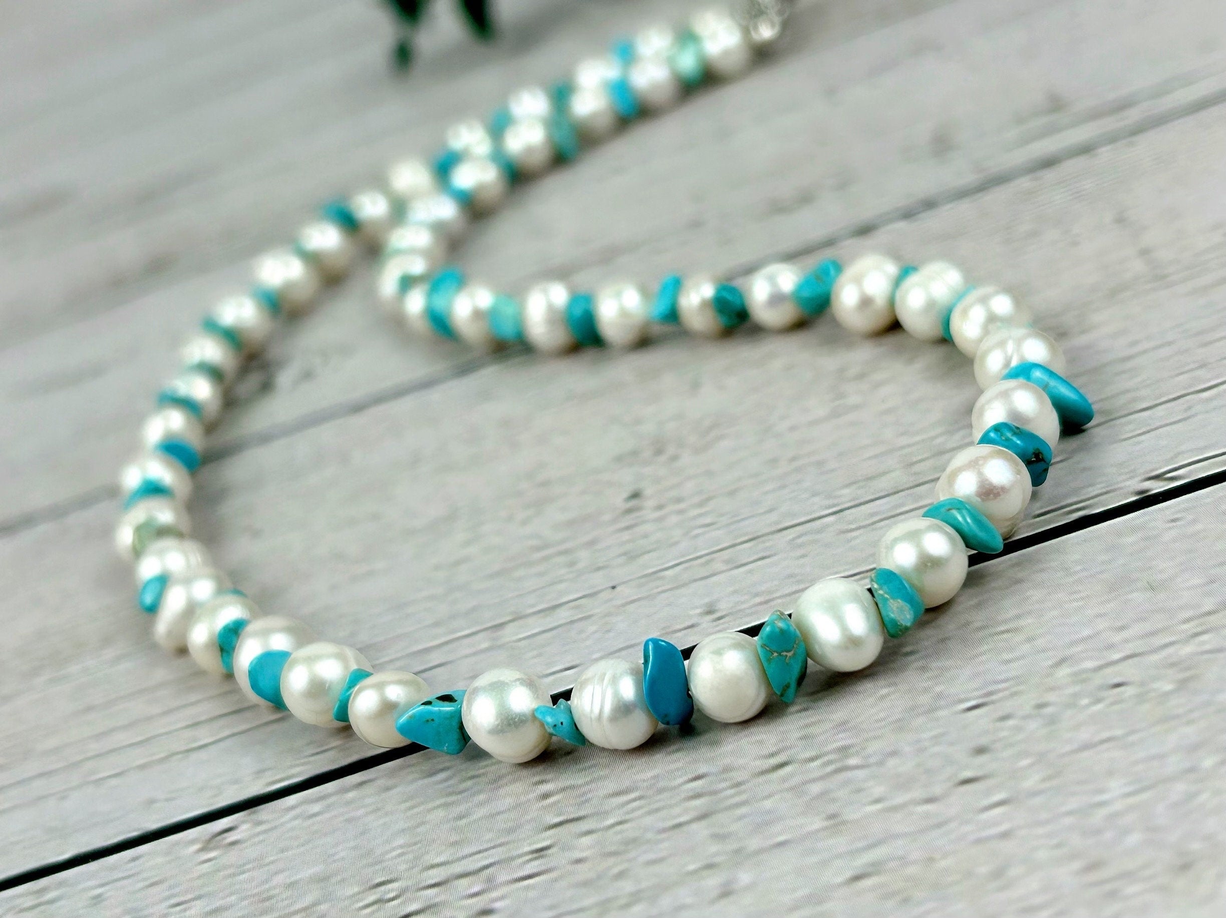 Turquoise Necklace, Freshwater Pearl Necklace, Pearl Choker, Choker Necklace, Gift For Her