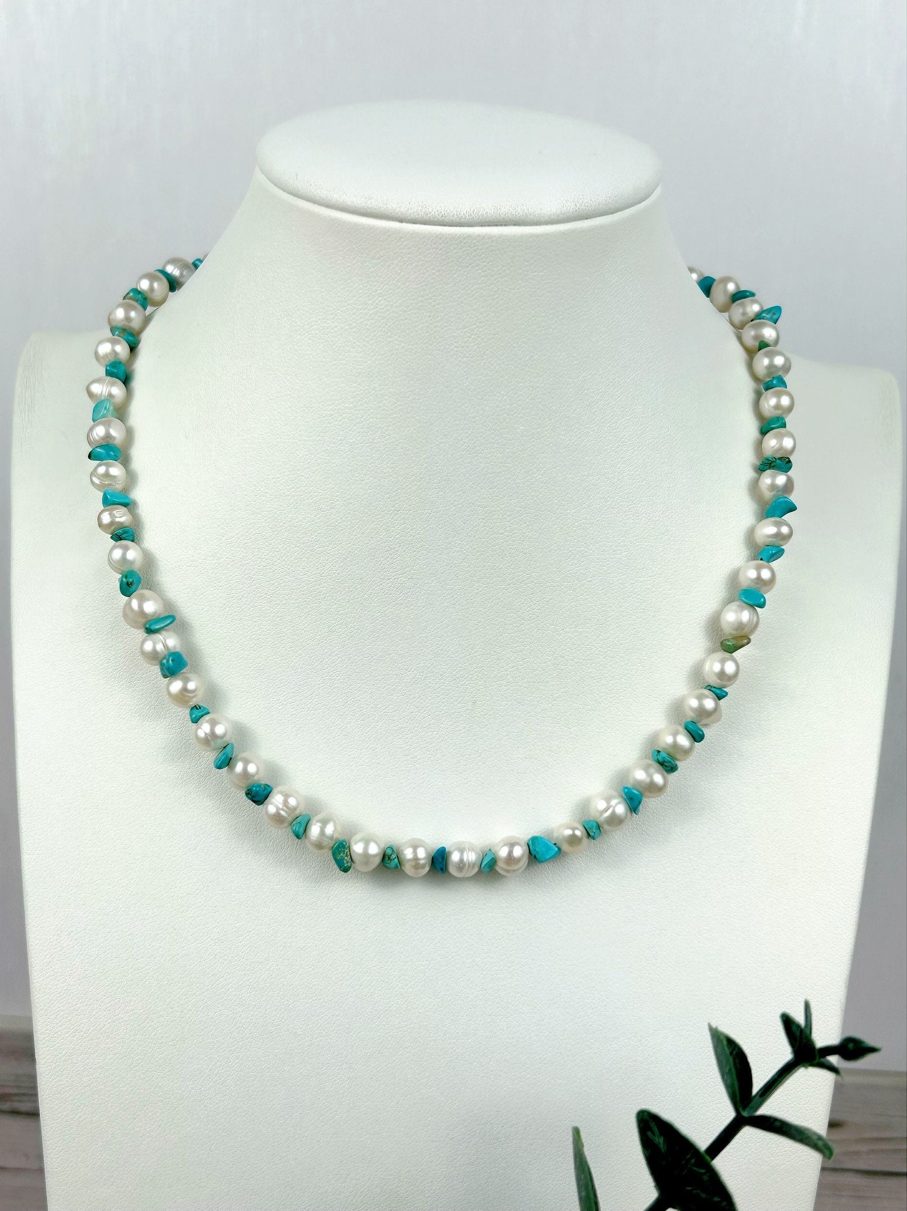Turquoise Necklace, Freshwater Pearl Necklace, Pearl Choker, Choker Necklace, Gift For Her