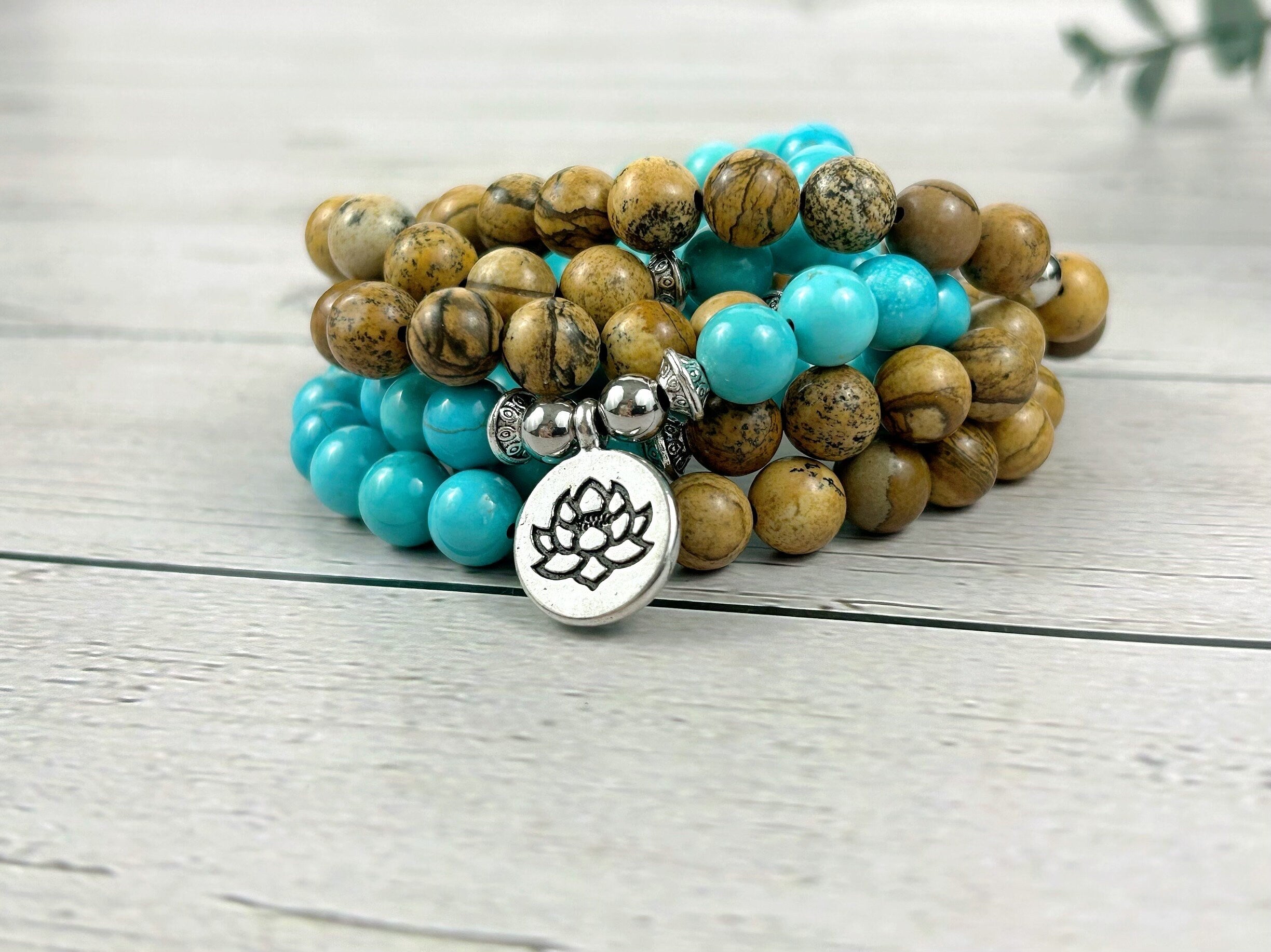 108 Mala Beads Necklace, Picture Jasper Necklace, Japa Mala, Prayer Beads, 108 Mala Beads Bracelet, Turquoise Mala, Meditation Necklace