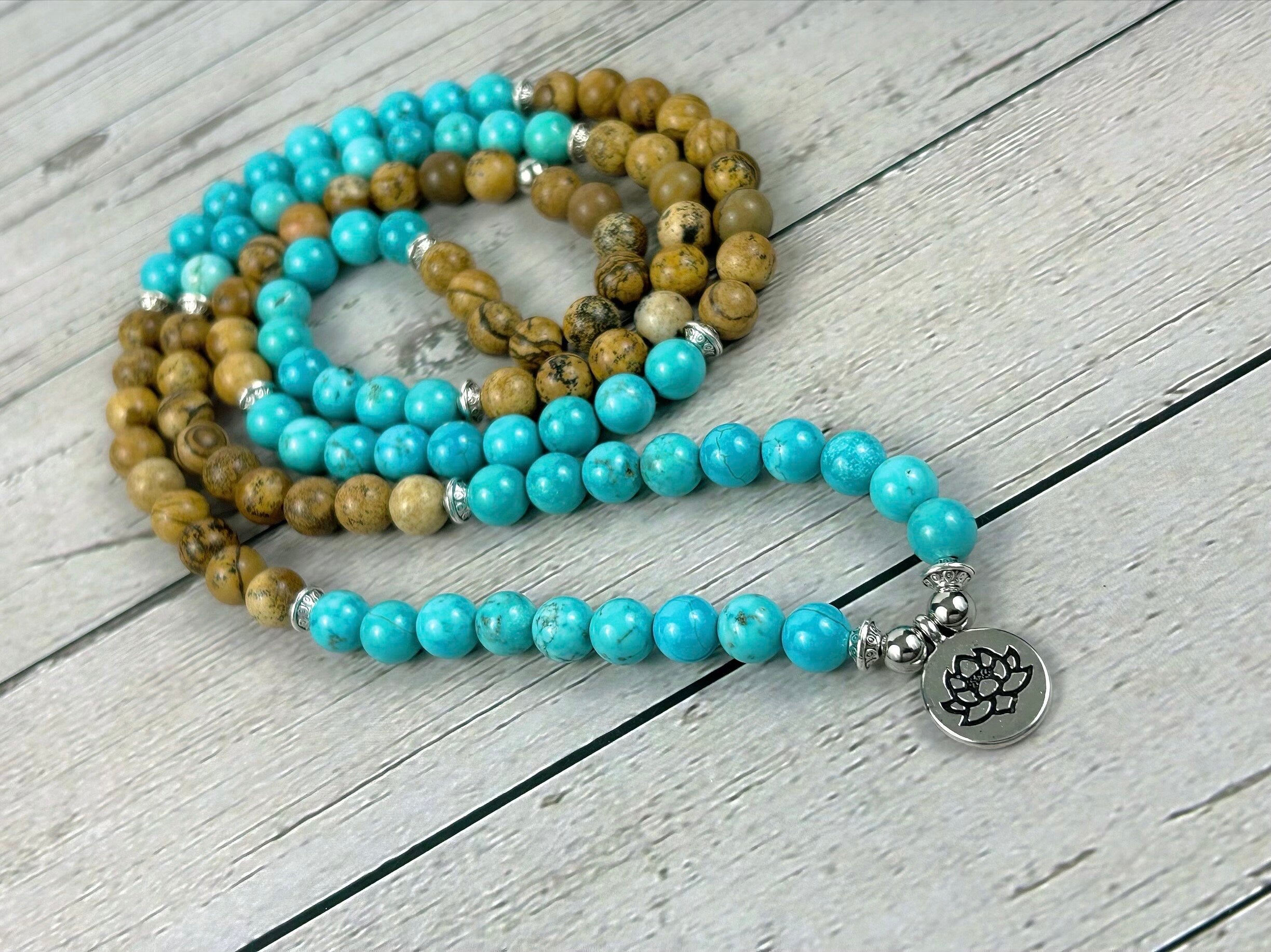 108 Mala Beads Necklace, Picture Jasper Necklace, Japa Mala, Prayer Beads, 108 Mala Beads Bracelet, Turquoise Mala, Meditation Necklace