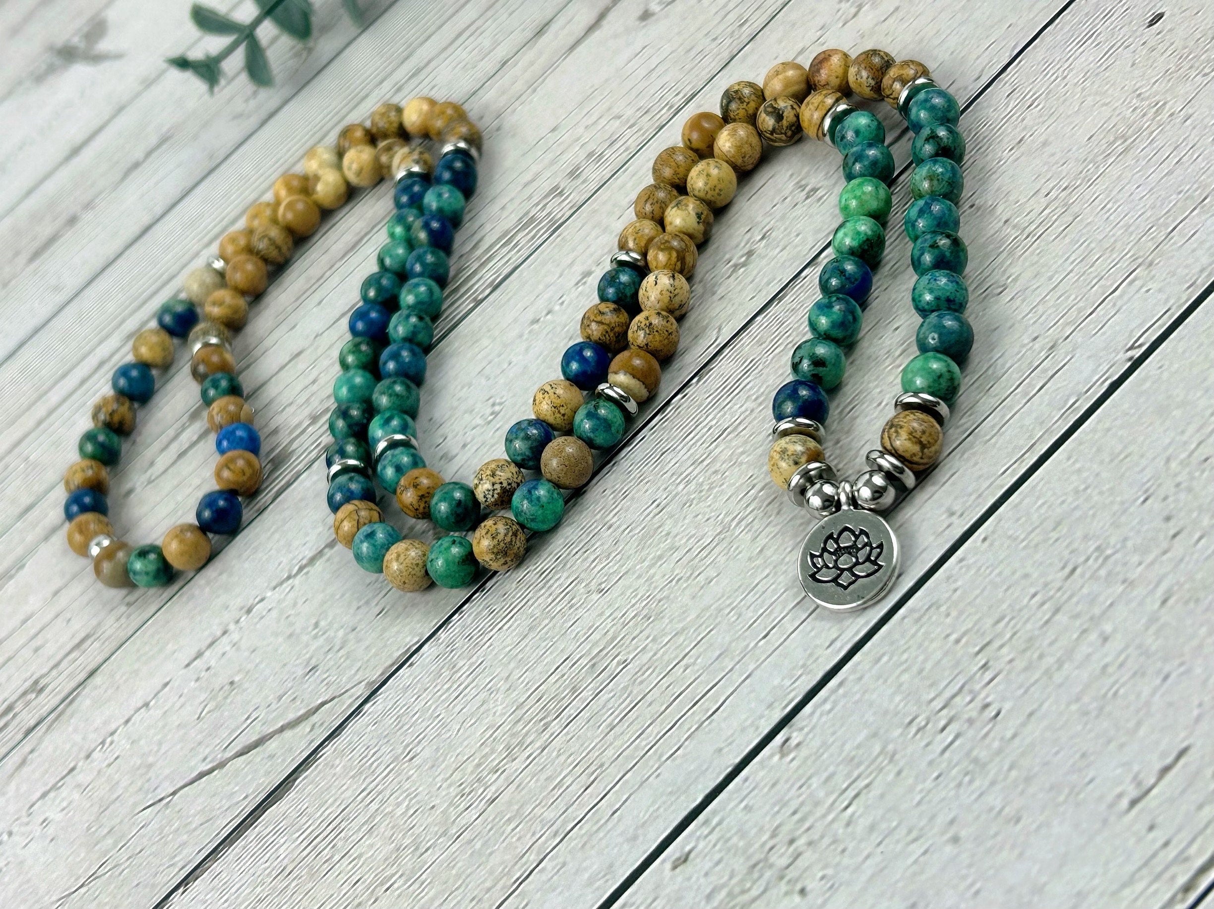 108 Mala Beads Necklace, Azurite Japa Mala Necklace, Prayer Beads Necklace, 108 Mala Beads Bracelet, Picture Jasper Mala Meditation Necklace