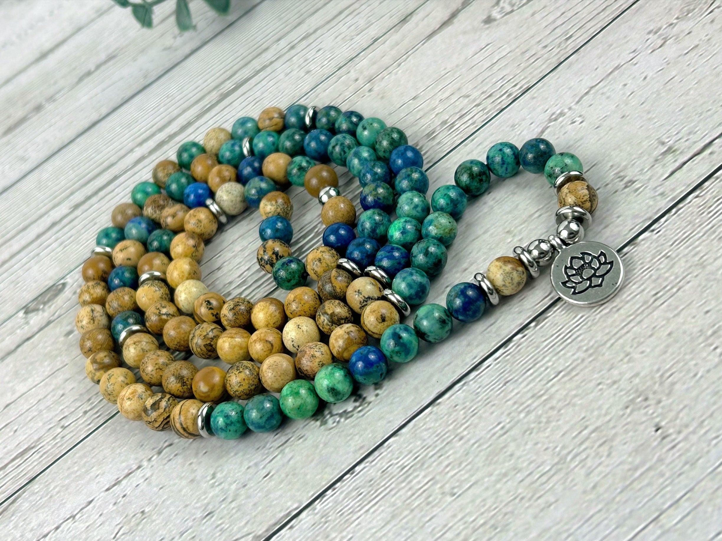 108 Mala Beads Necklace, Azurite Japa Mala Necklace, Prayer Beads Necklace, 108 Mala Beads Bracelet, Picture Jasper Mala Meditation Necklace