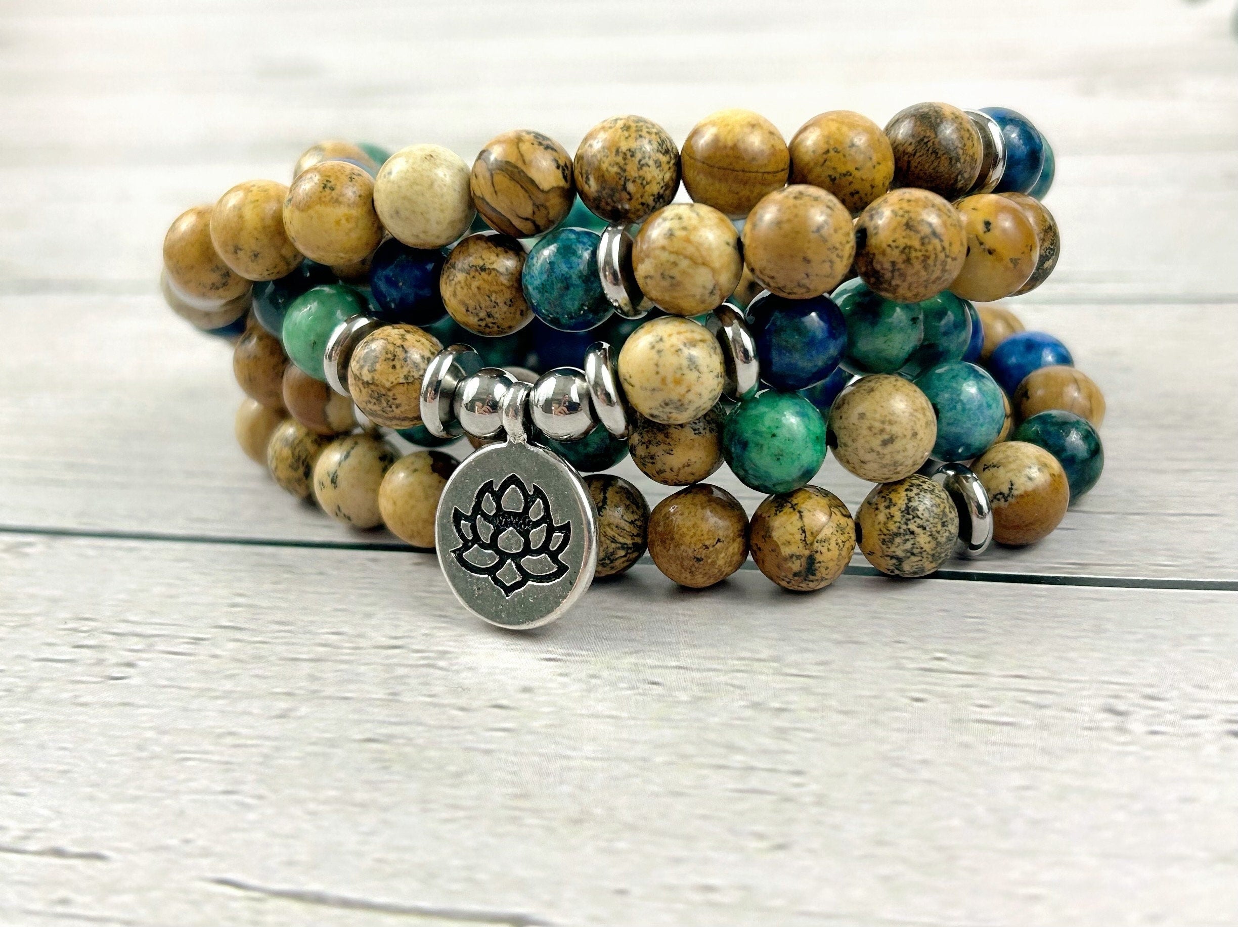 108 Mala Beads Necklace, Azurite Japa Mala Necklace, Prayer Beads Necklace, 108 Mala Beads Bracelet, Picture Jasper Mala Meditation Necklace