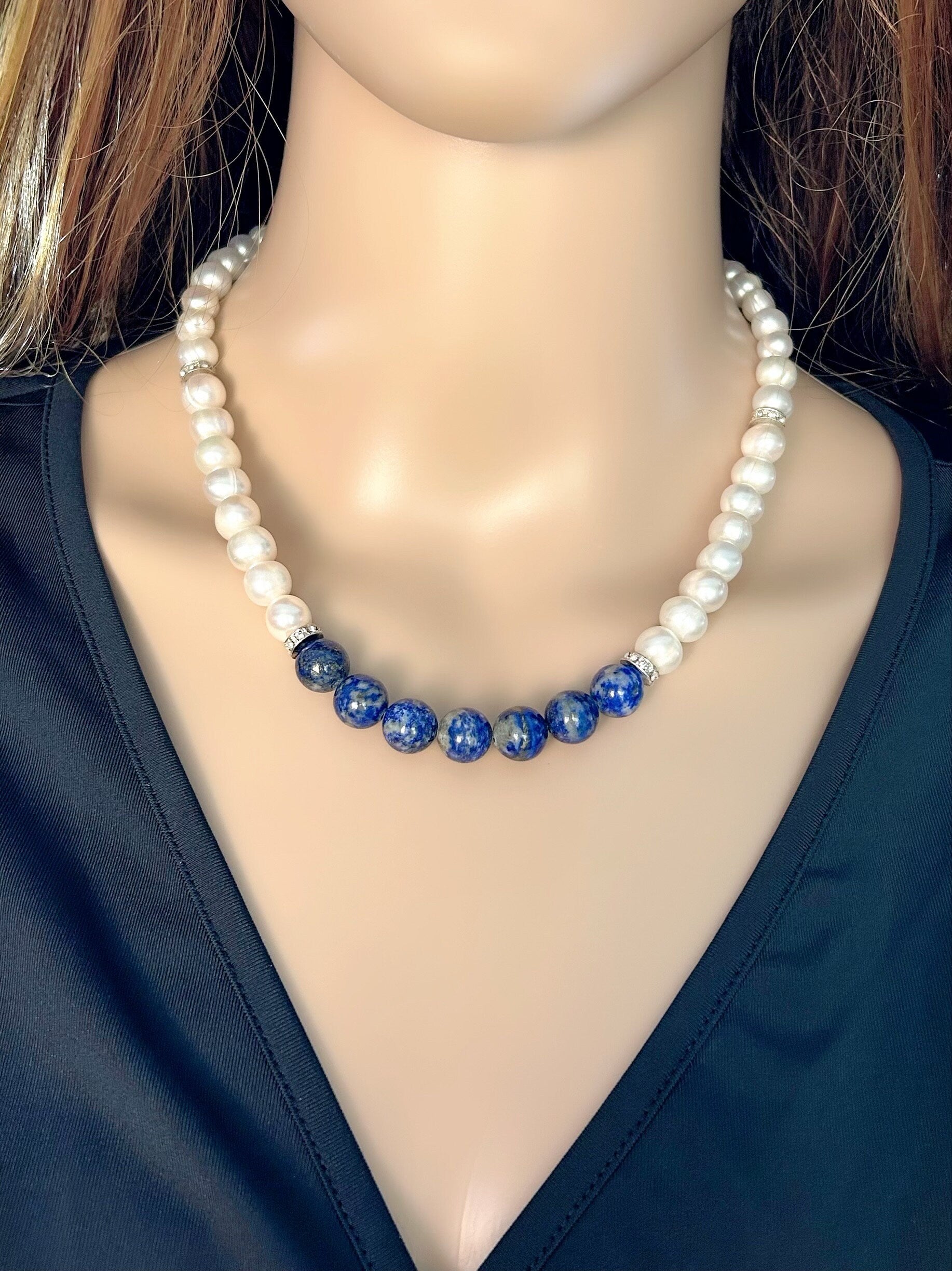 Lapis Lazuli Necklace, Freshwater Pearl Necklace, Choker Necklace, Gift For Her, Handmade Jewelry, Statement Necklace, Pearl Necklace
