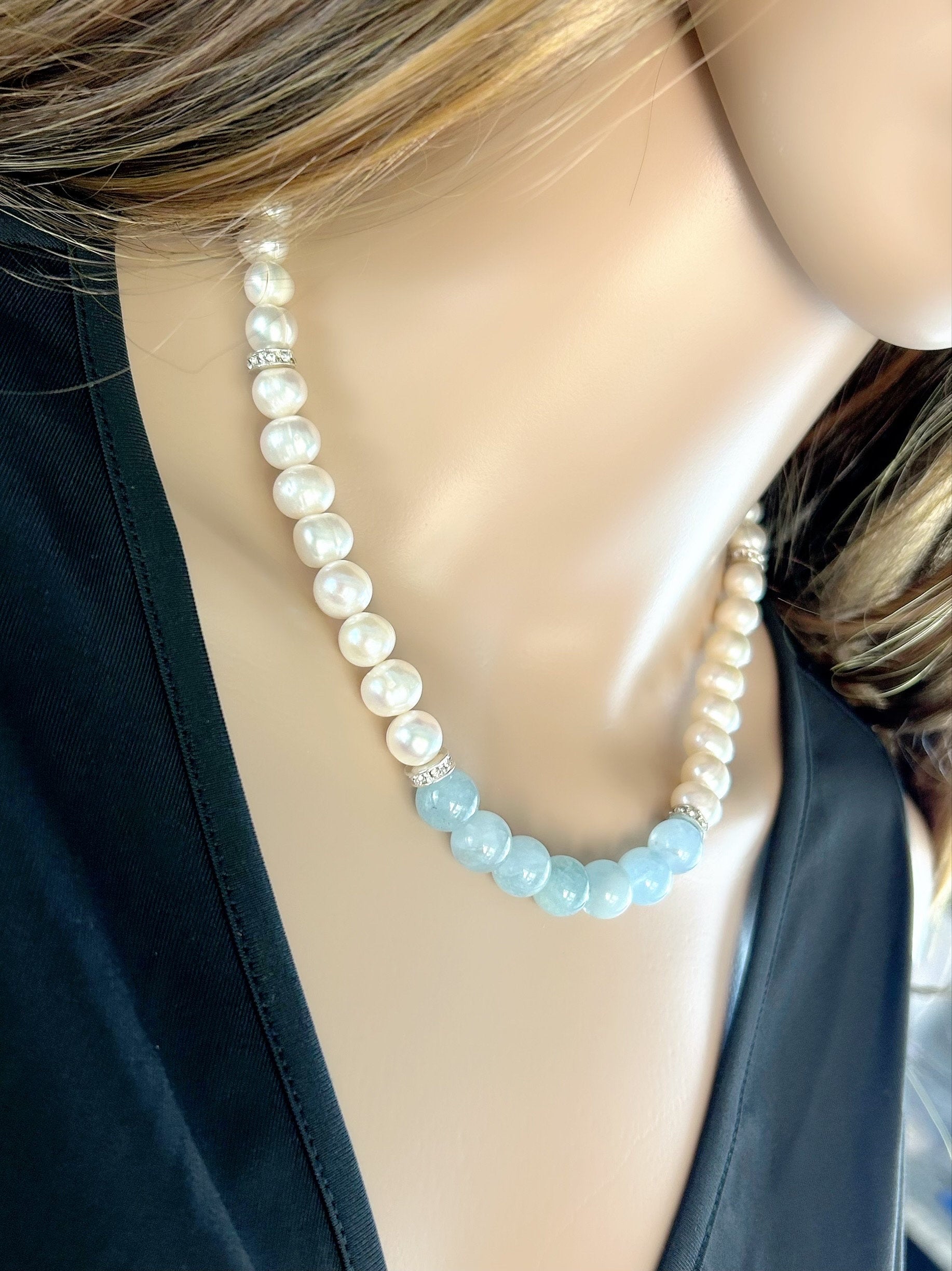 Aquamarine Necklace, Freshwater Pearl Necklace, Choker Necklace, Gift For Her, Handmade Jewelry, Statement Necklace, Pearl Necklace