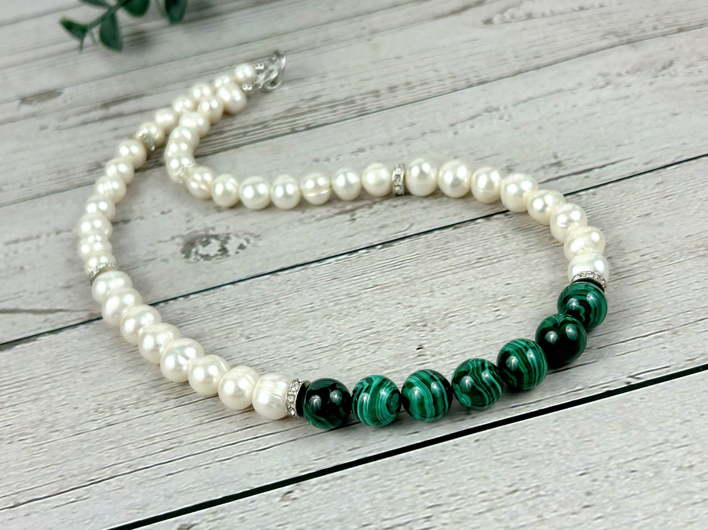 Malachite Necklace, Freshwater Pearl Necklace, Choker Necklace, Birthday Gift For Her, Handmade Jewelry, Statement Necklace, Pearl Necklace