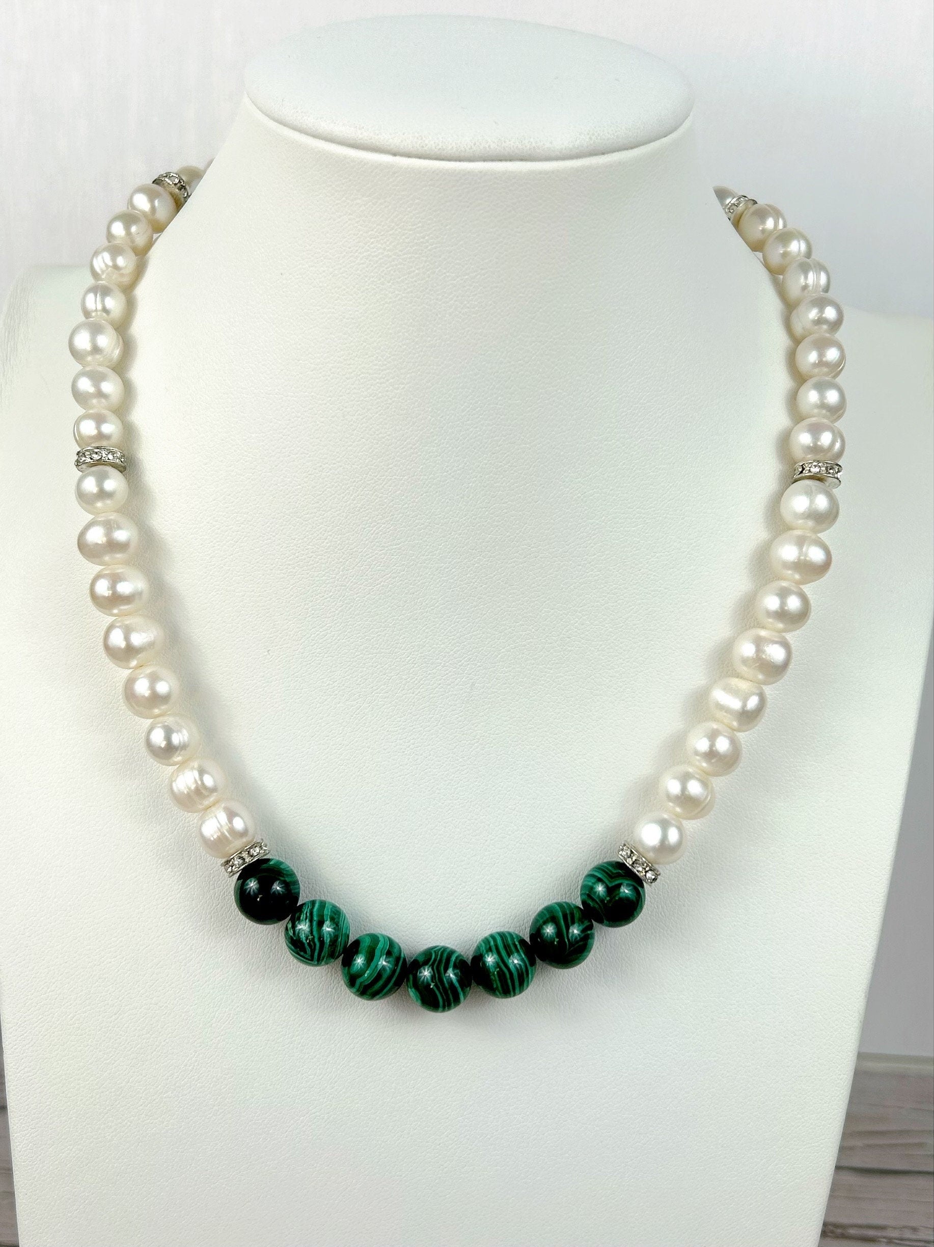 Malachite Necklace, Freshwater Pearl Necklace, Choker Necklace, Birthday Gift For Her, Handmade Jewelry, Statement Necklace, Pearl Necklace