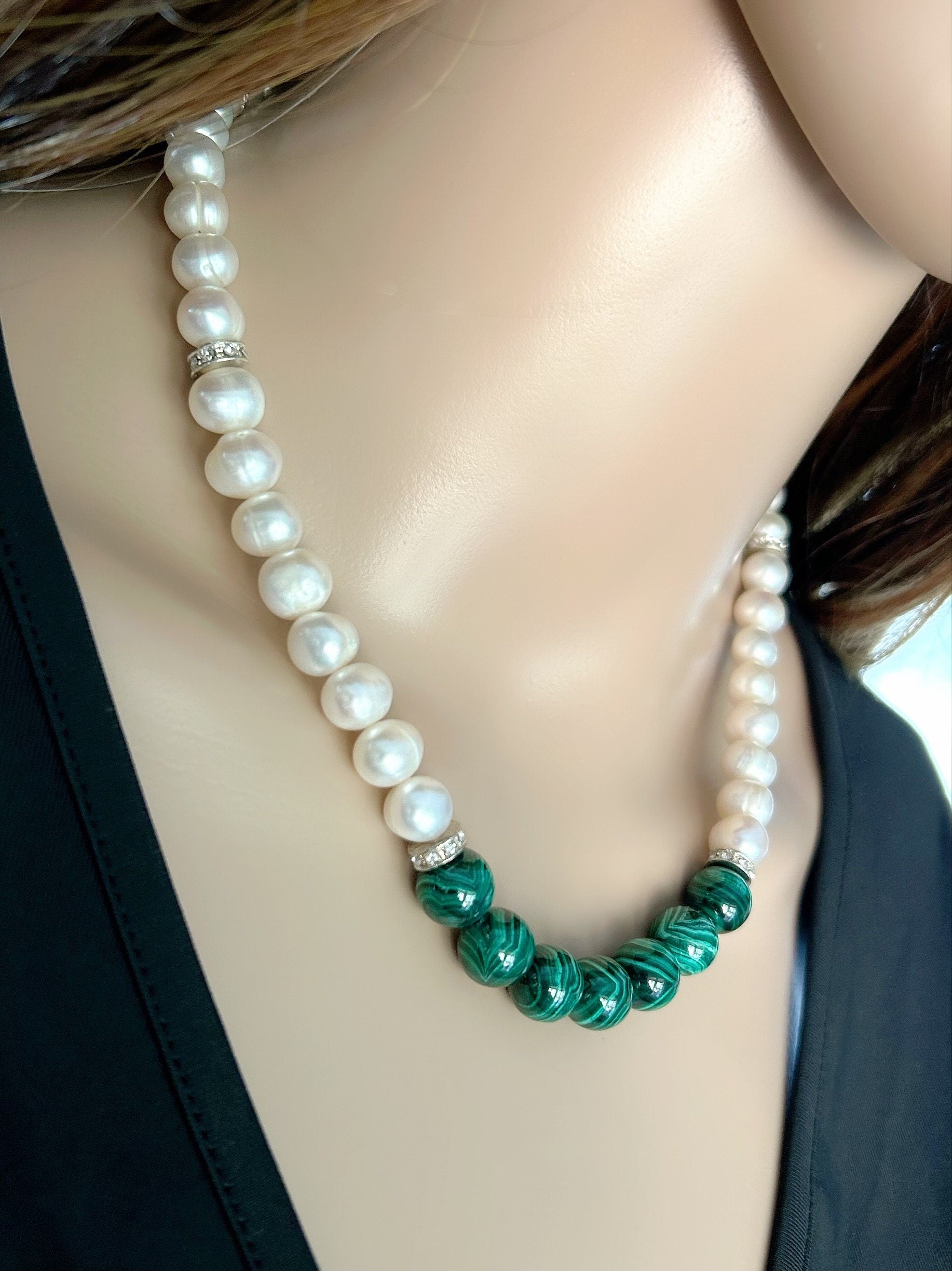 Malachite Necklace, Freshwater Pearl Necklace, Choker Necklace, Birthday Gift For Her, Handmade Jewelry, Statement Necklace, Pearl Necklace