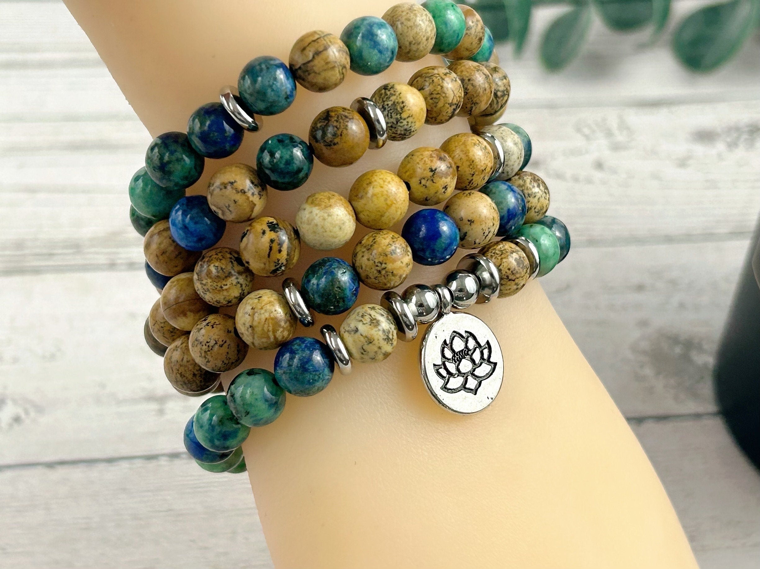 108 Mala Beads Necklace, Azurite Japa Mala Necklace, Prayer Beads Necklace, 108 Mala Beads Bracelet, Picture Jasper Mala Meditation Necklace