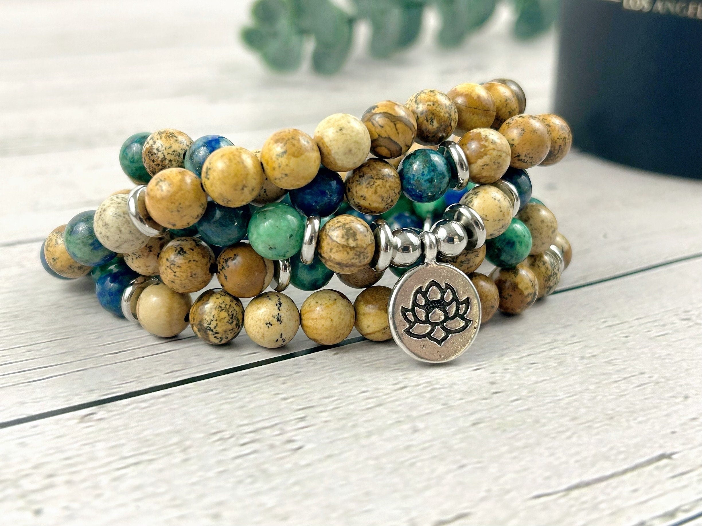 108 Mala Beads Necklace, Azurite Japa Mala Necklace, Prayer Beads Necklace, 108 Mala Beads Bracelet, Picture Jasper Mala Meditation Necklace