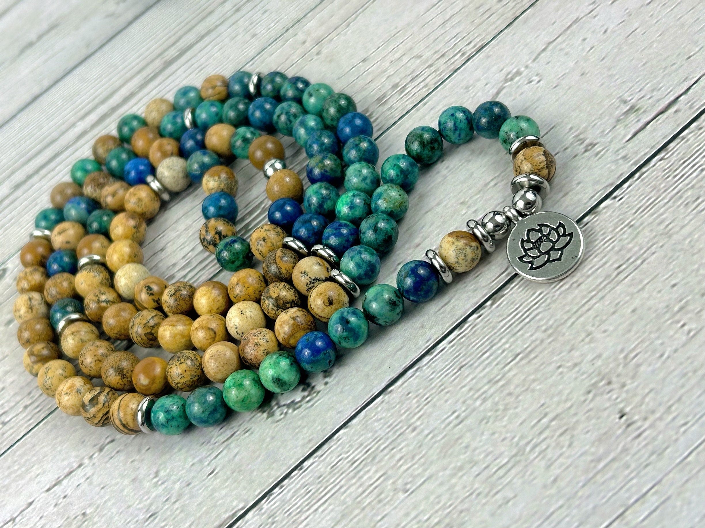 108 Mala Beads Necklace, Azurite Japa Mala Necklace, Prayer Beads Necklace, 108 Mala Beads Bracelet, Picture Jasper Mala Meditation Necklace