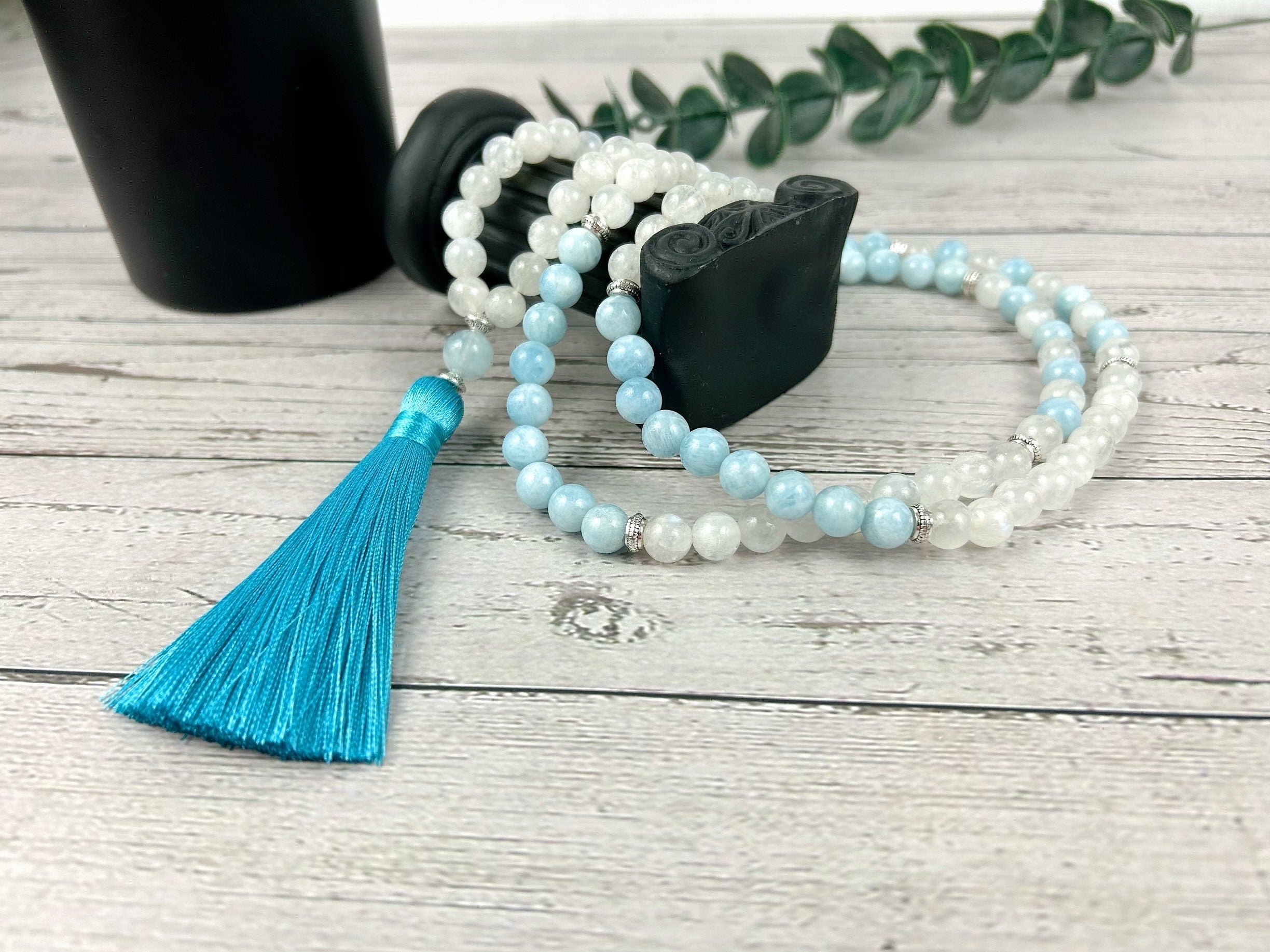 108 Mala Beads Necklace, Aquamarine Necklace, Moonstone Mala, Gift for Her,Japa Prayer Beads Necklace, Meditation Necklace, Handmade Jewelry