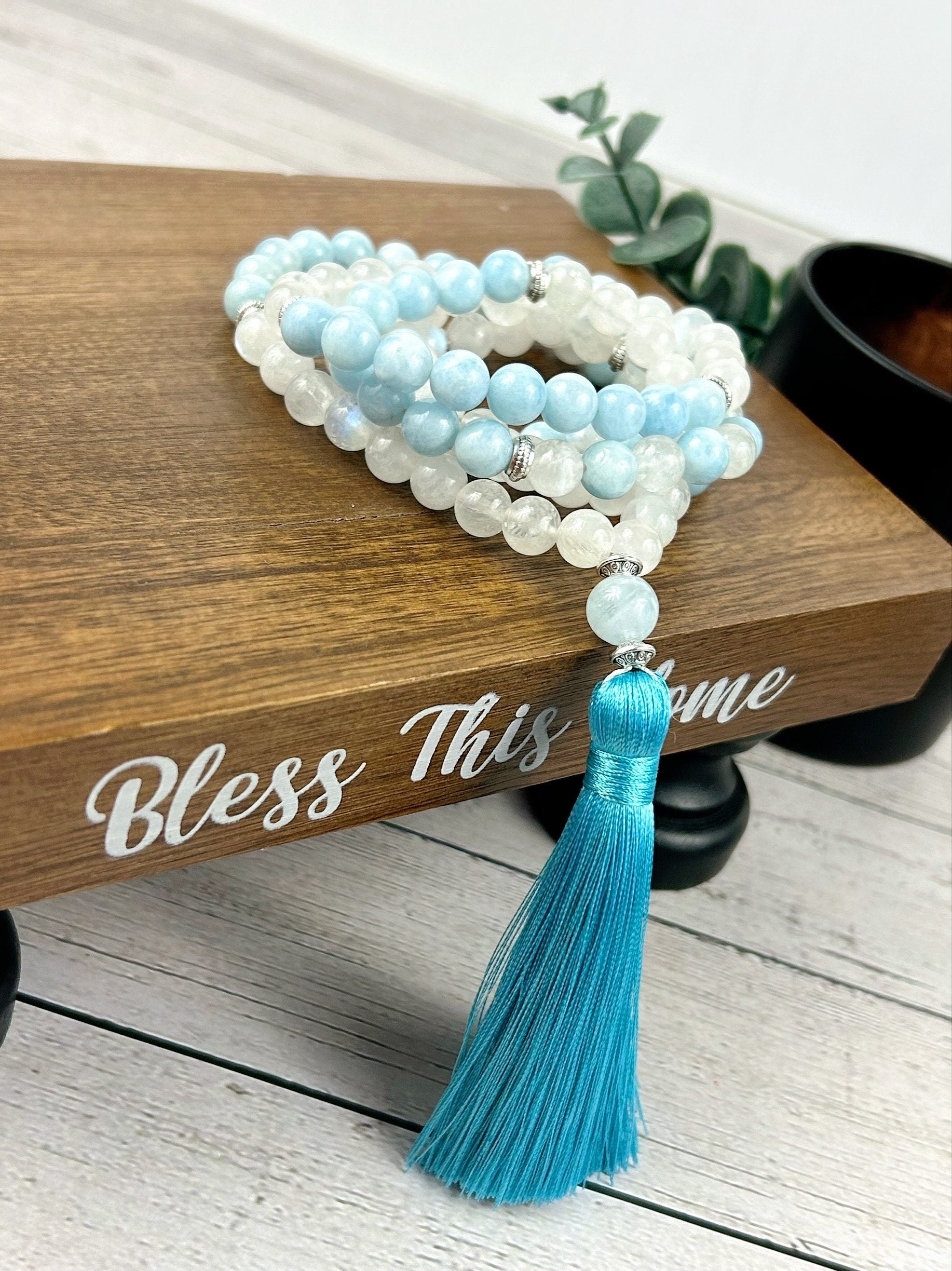 108 Mala Beads Necklace, Aquamarine Necklace, Moonstone Mala, Gift for Her,Japa Prayer Beads Necklace, Meditation Necklace, Handmade Jewelry