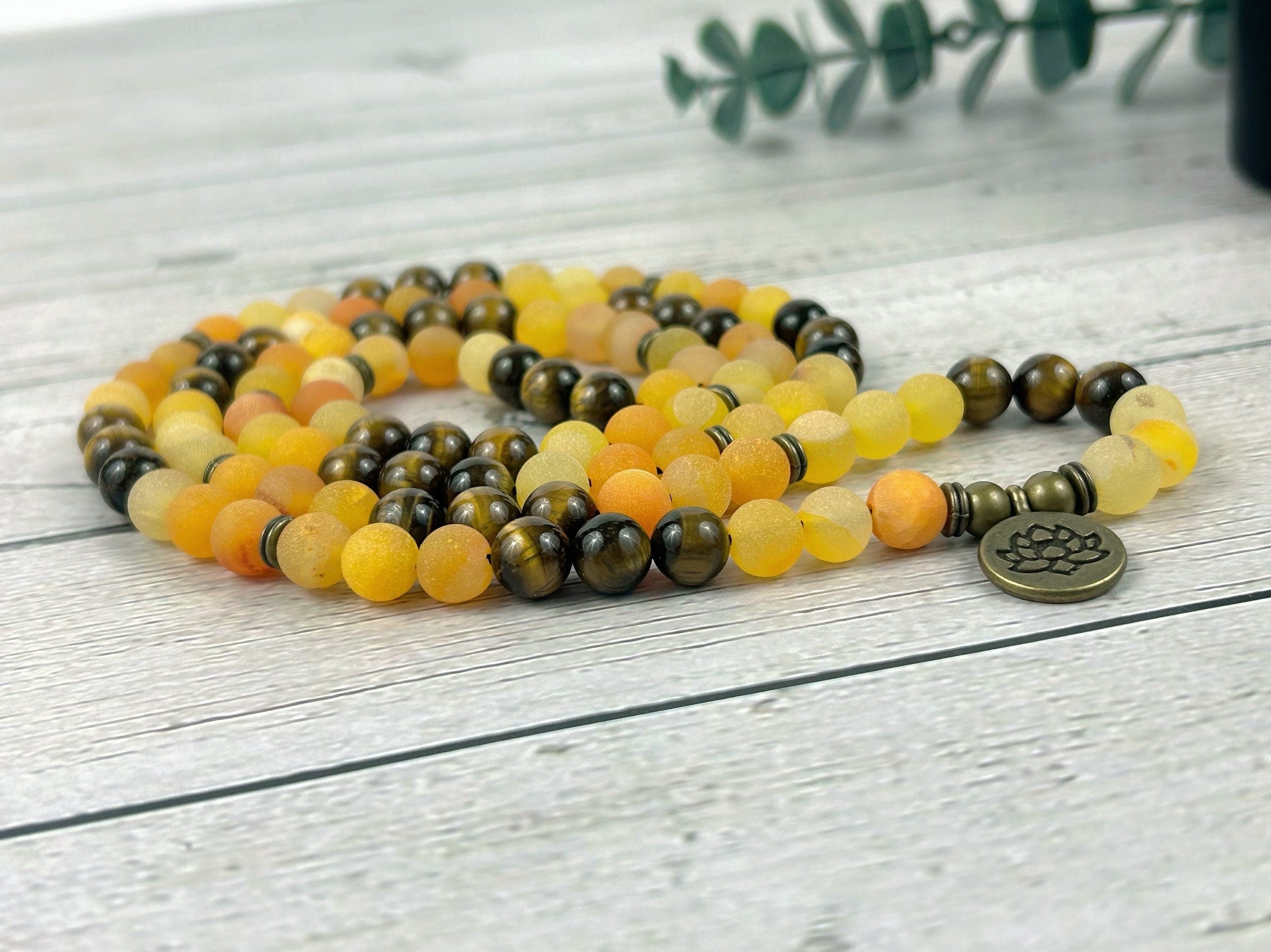 108 Mala Necklace, Yellow Agate Necklace, Tiger Eye Necklace, Meditation Mala, Prayer Beads Necklace, Japa Mala, 108 Mala Beads Bracelet