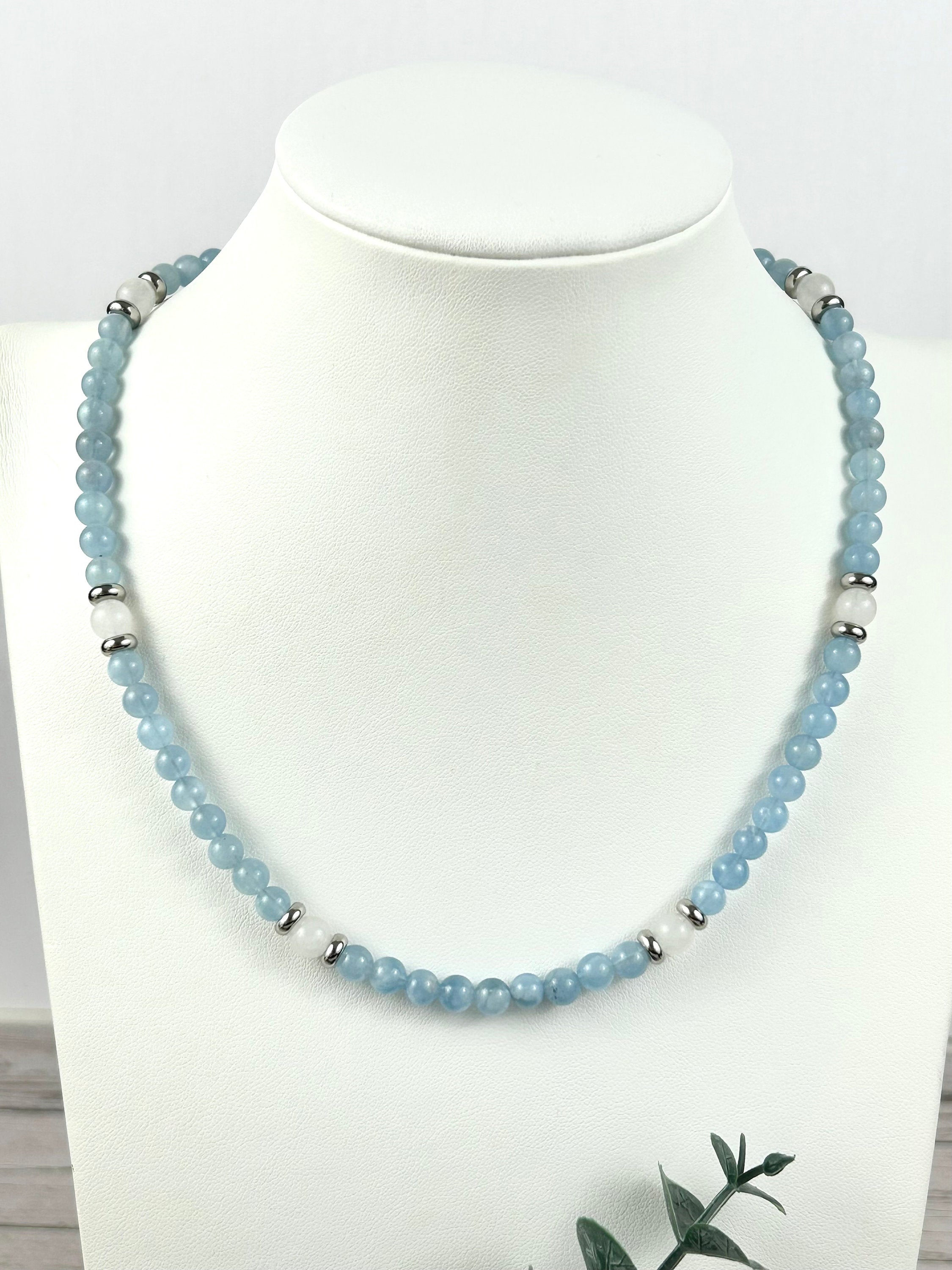 Moonstone Necklace, Aquamarine Necklace, Healing Gemstones Necklace, Spiritual Necklace, Beaded Necklace, Jewelry Gift for Her, Grounding