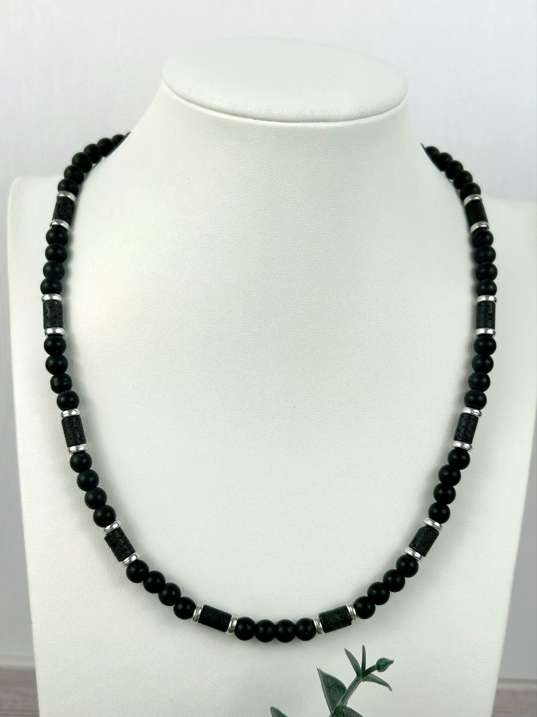 Black Onyx Necklace, Gemstones Necklace, Beaded Necklace, Protection Jewelry, Aromatherapy Necklace, Lava Stone, Gift for Her, Gift for Him