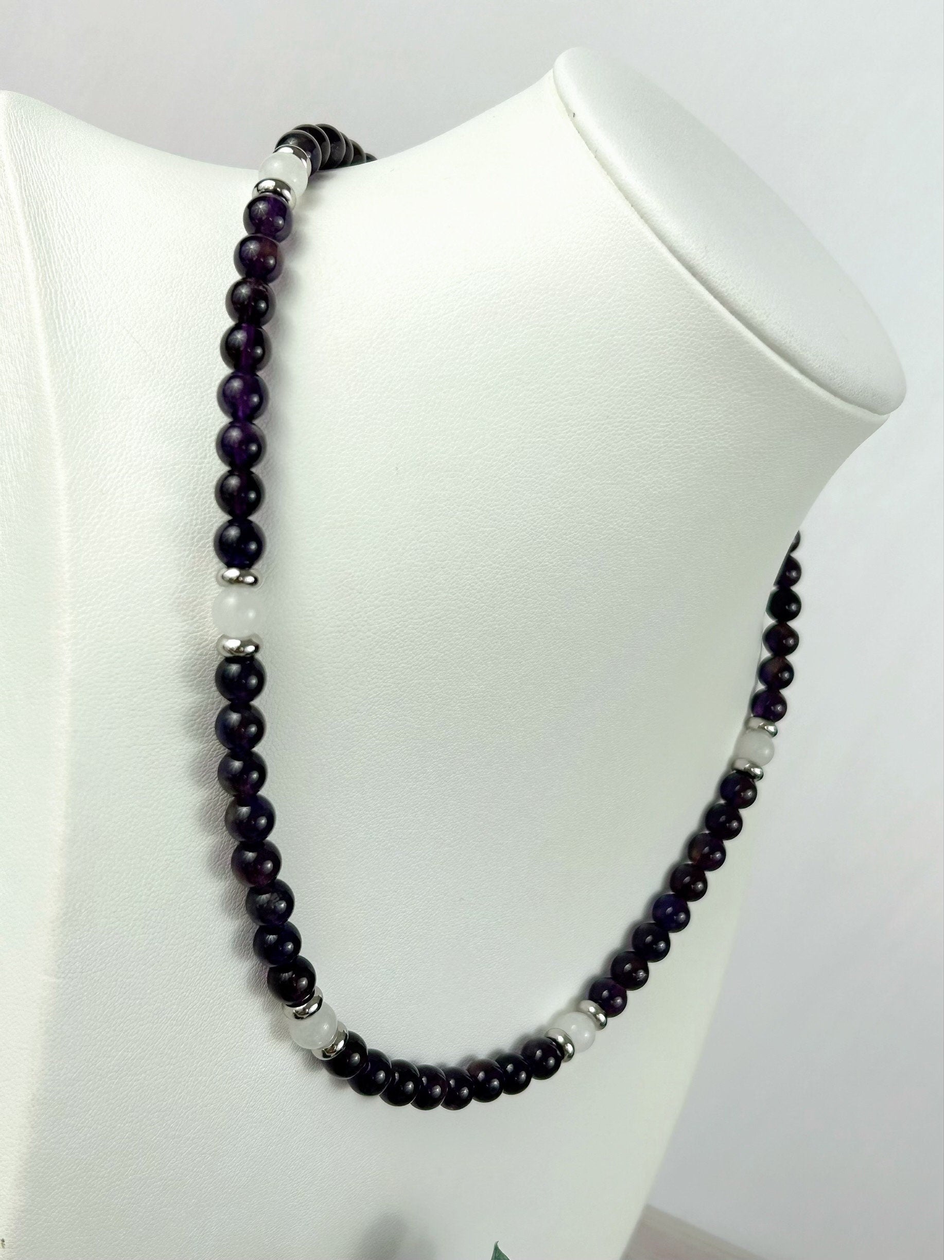 Moonstone Necklace, Amethyst Necklace, Healing Gemstones Necklace, Spiritual Necklace, Beaded Necklace, Jewelry Gift for Her, Grounding