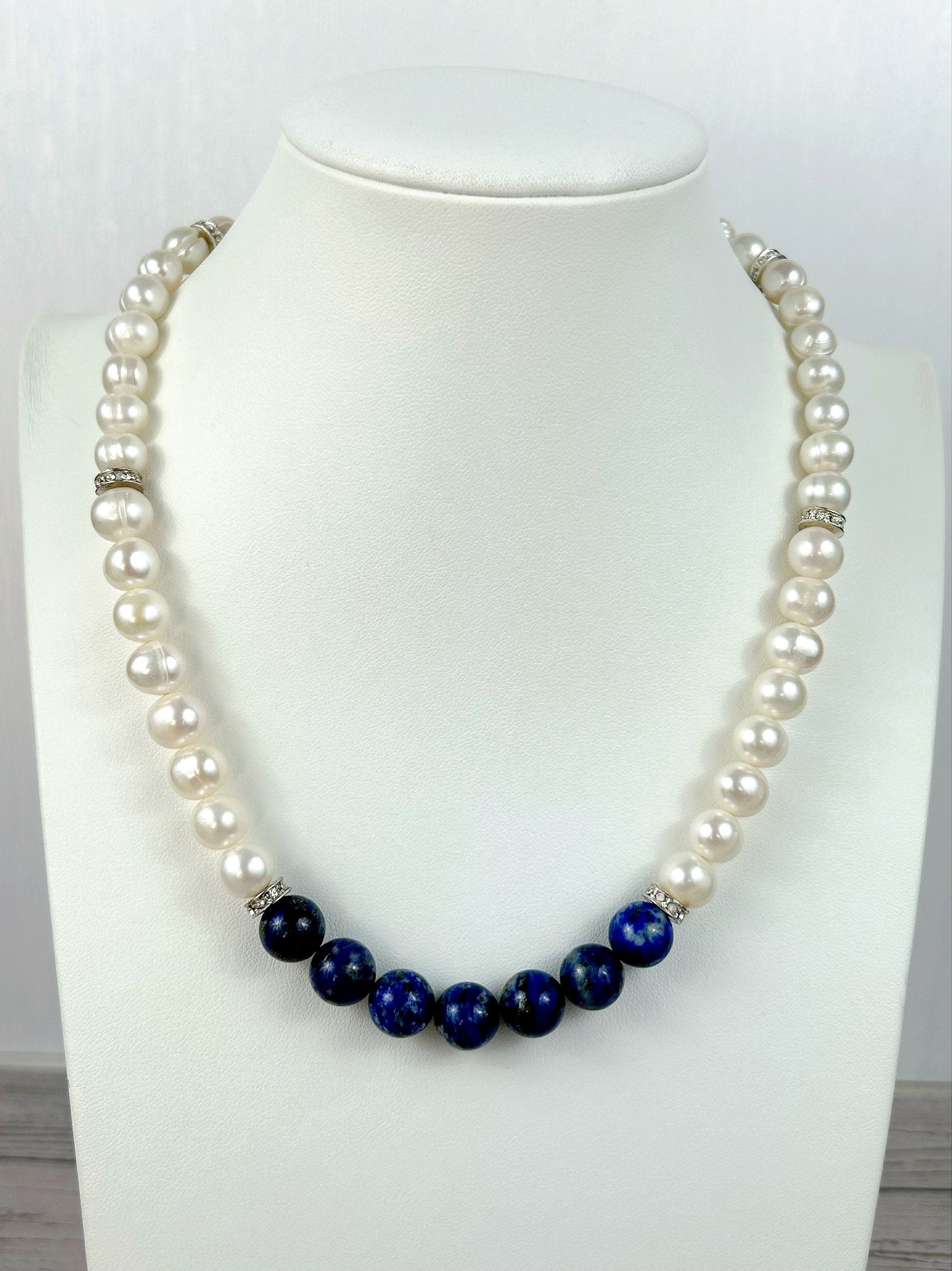 Lapis Lazuli Necklace, Freshwater Pearl Necklace, Choker Necklace, Gift For Her, Handmade Jewelry, Statement Necklace, Pearl Necklace