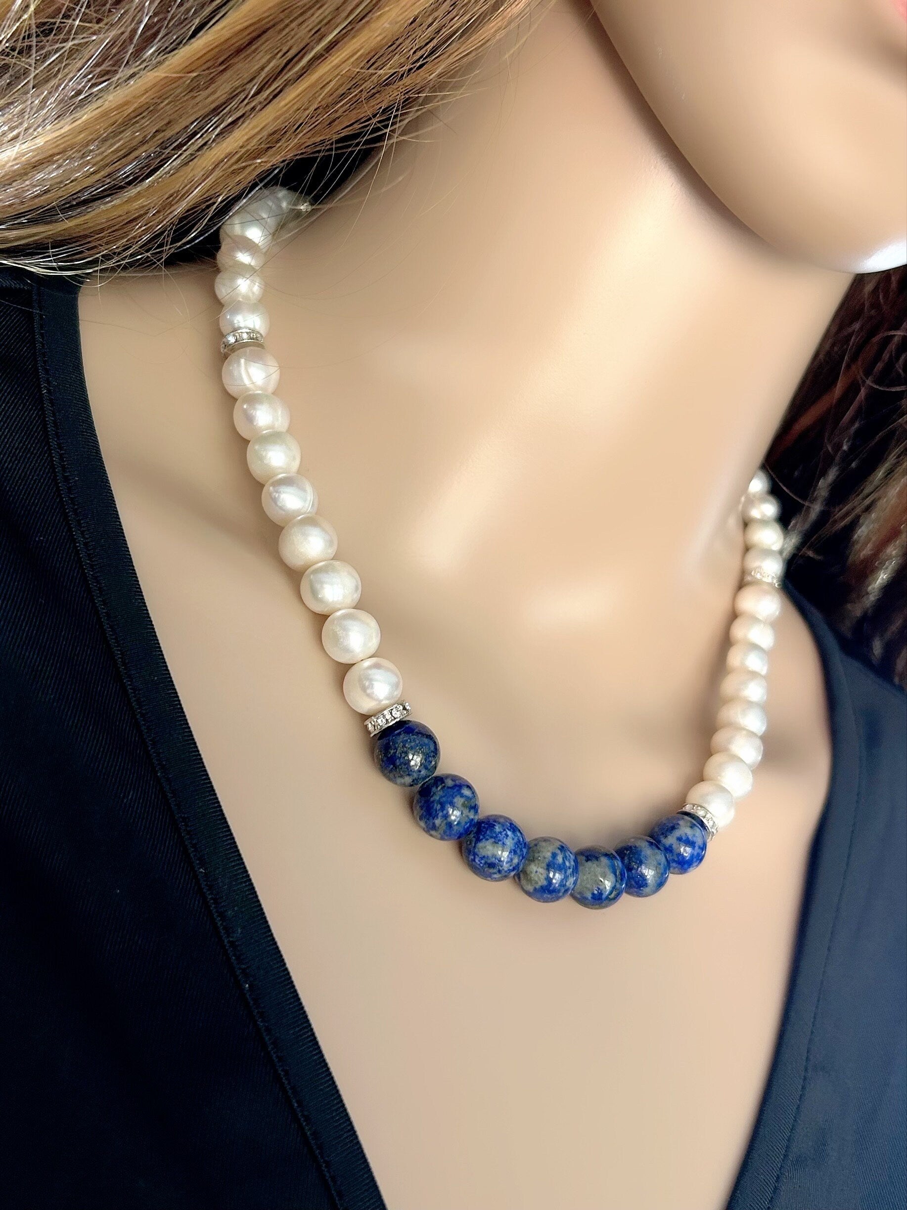 Lapis Lazuli Necklace, Freshwater Pearl Necklace, Choker Necklace, Gift For Her, Handmade Jewelry, Statement Necklace, Pearl Necklace