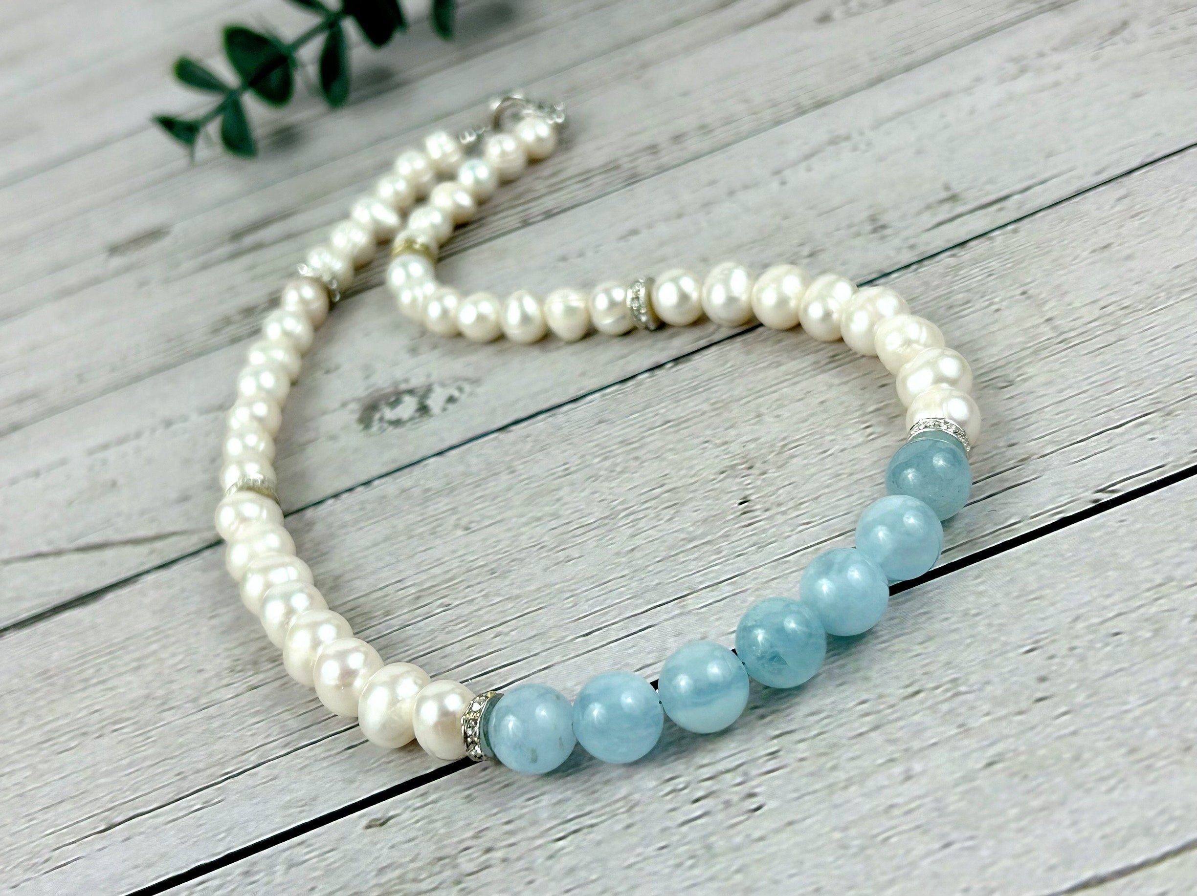 Aquamarine Necklace, Freshwater Pearl Necklace, Choker Necklace, Gift For Her, Handmade Jewelry, Statement Necklace, Pearl Necklace