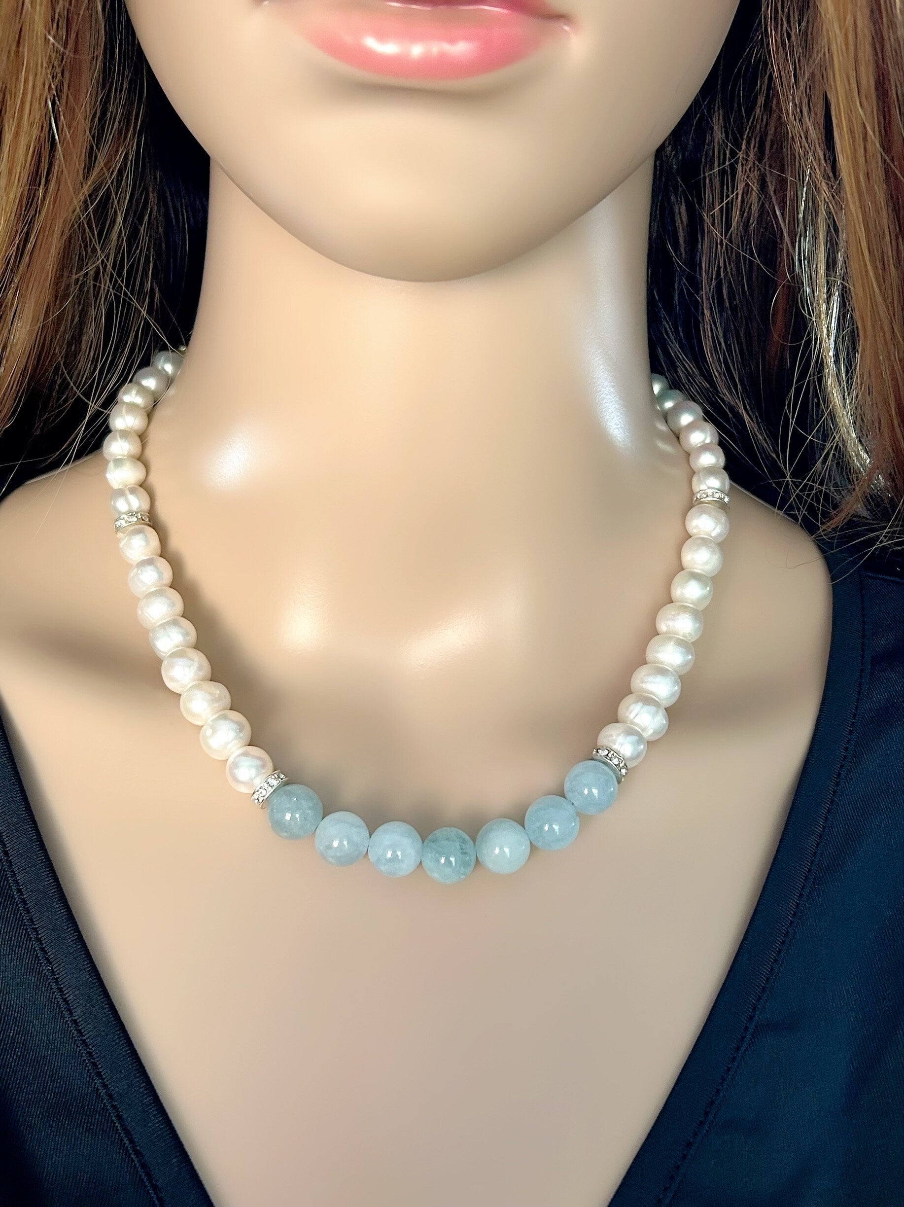 Aquamarine Necklace, Freshwater Pearl Necklace, Choker Necklace, Gift For Her, Handmade Jewelry, Statement Necklace, Pearl Necklace