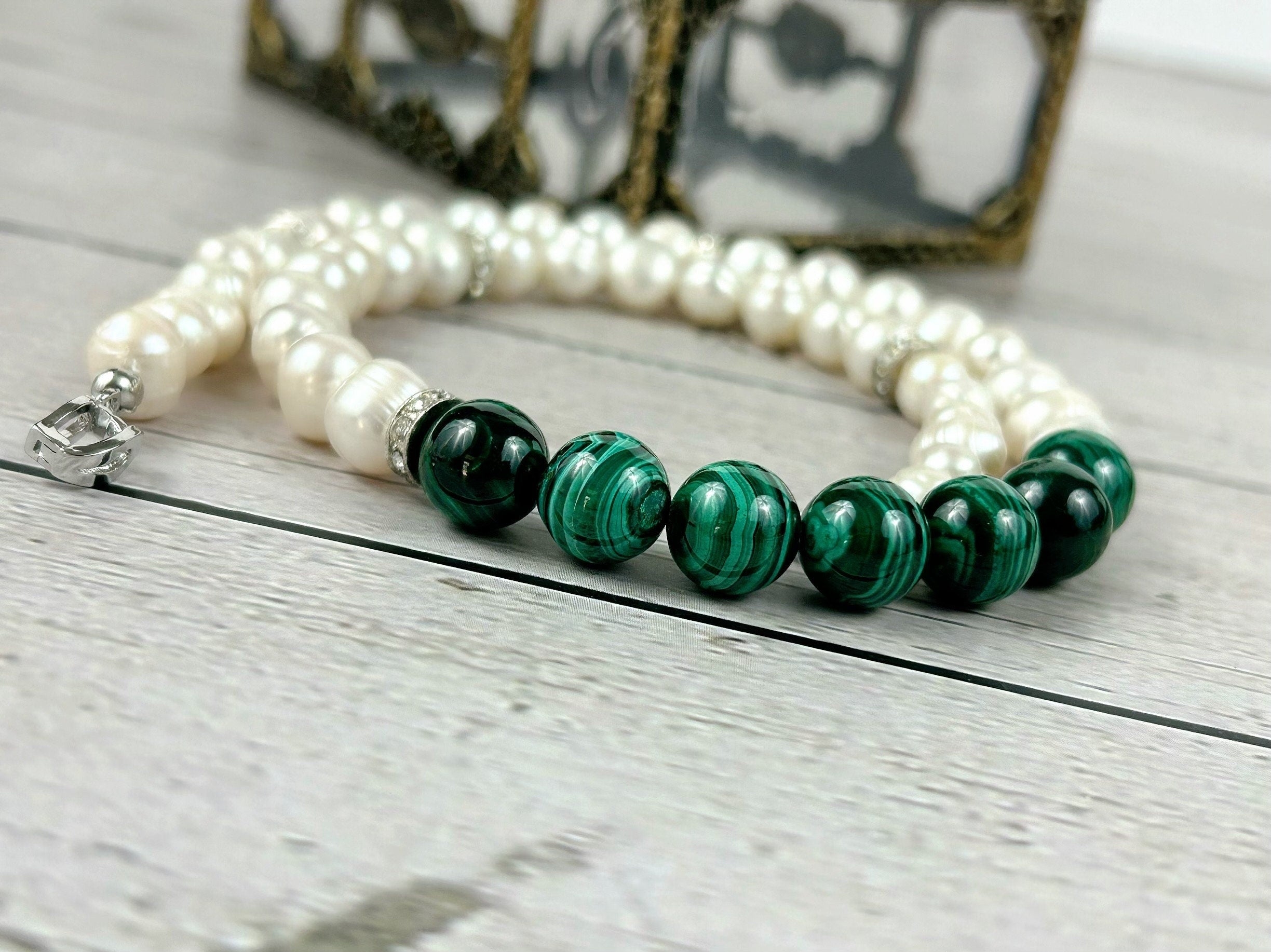 Malachite Necklace, Freshwater Pearl Necklace, Choker Necklace, Birthday Gift For Her, Handmade Jewelry, Statement Necklace, Pearl Necklace