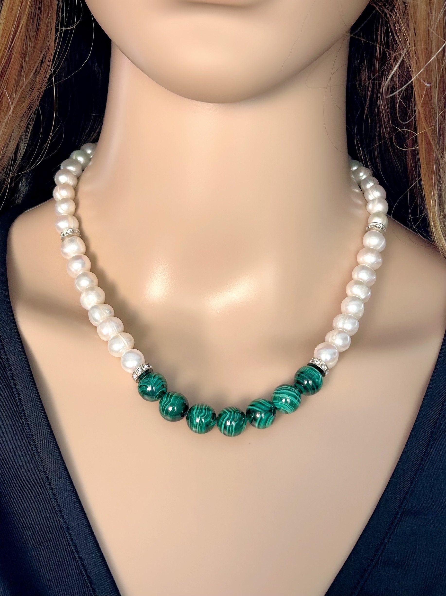 Malachite Necklace, Freshwater Pearl Necklace, Choker Necklace, Birthday Gift For Her, Handmade Jewelry, Statement Necklace, Pearl Necklace