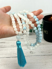 108 Mala Beads Necklace, Aquamarine Necklace, Moonstone Mala, Gift for Her,Japa Prayer Beads Necklace, Meditation Necklace, Handmade Jewelry