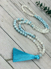 108 Mala Beads Necklace, Aquamarine Necklace, Moonstone Mala, Gift for Her,Japa Prayer Beads Necklace, Meditation Necklace, Handmade Jewelry