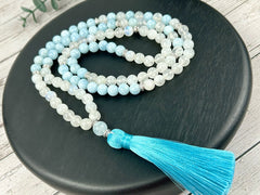 108 Mala Beads Necklace, Aquamarine Necklace, Moonstone Mala, Gift for Her,Japa Prayer Beads Necklace, Meditation Necklace, Handmade Jewelry