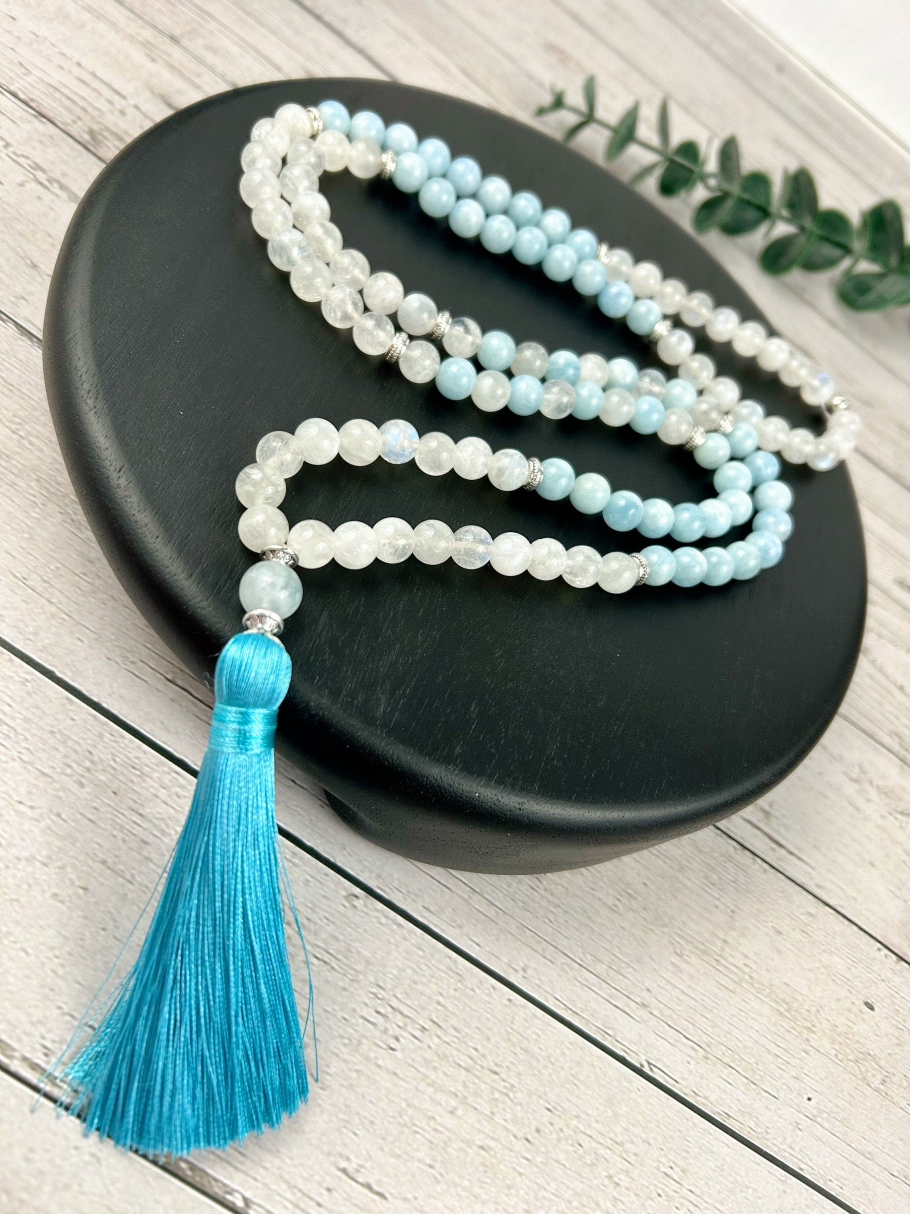 108 Mala Beads Necklace, Aquamarine Necklace, Moonstone Mala, Gift for Her,Japa Prayer Beads Necklace, Meditation Necklace, Handmade Jewelry