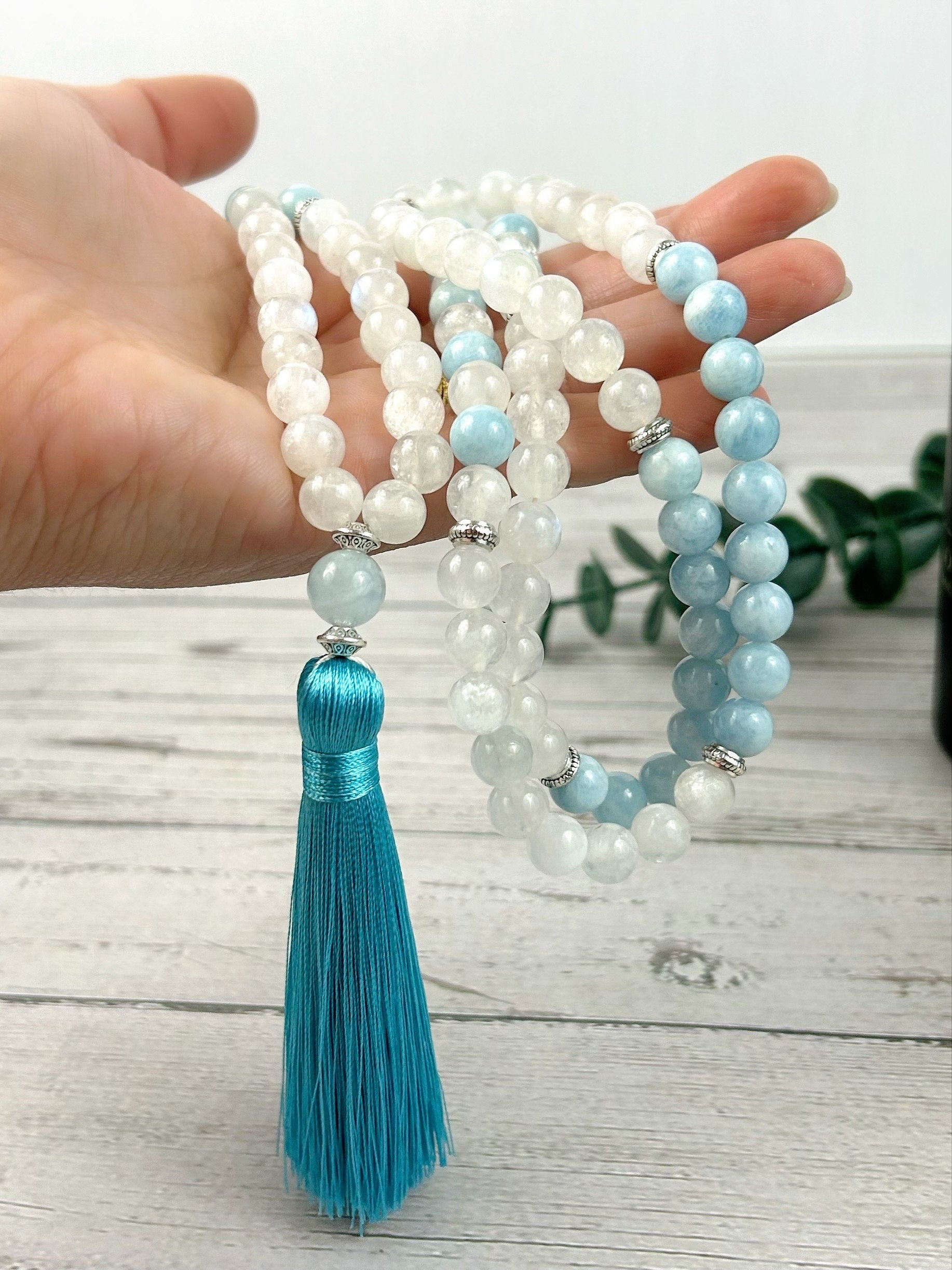 108 Mala Beads Necklace, Aquamarine Necklace, Moonstone Mala, Gift for Her,Japa Prayer Beads Necklace, Meditation Necklace, Handmade Jewelry