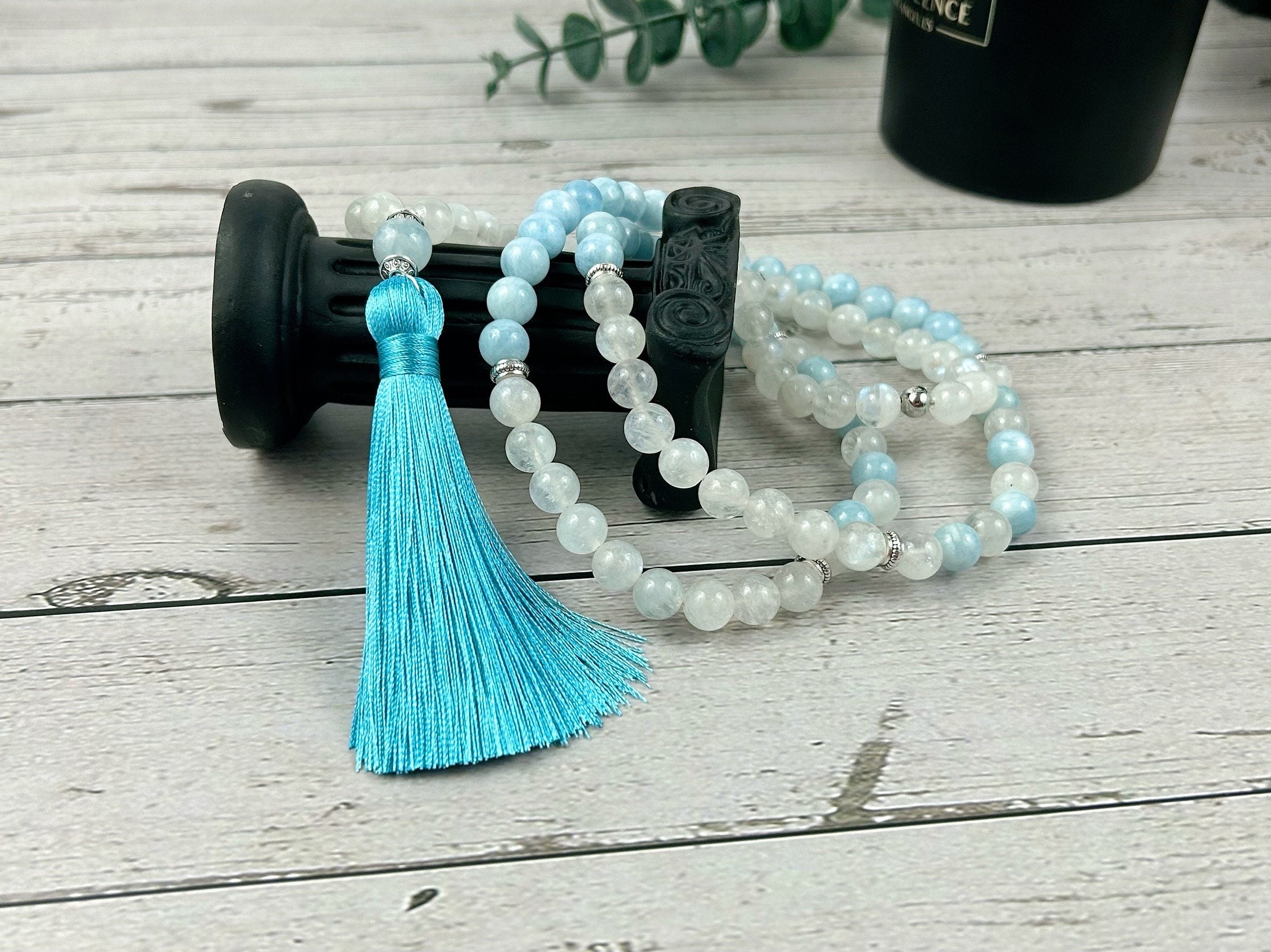 108 Mala Beads Necklace, Aquamarine Necklace, Moonstone Mala, Gift for Her,Japa Prayer Beads Necklace, Meditation Necklace, Handmade Jewelry