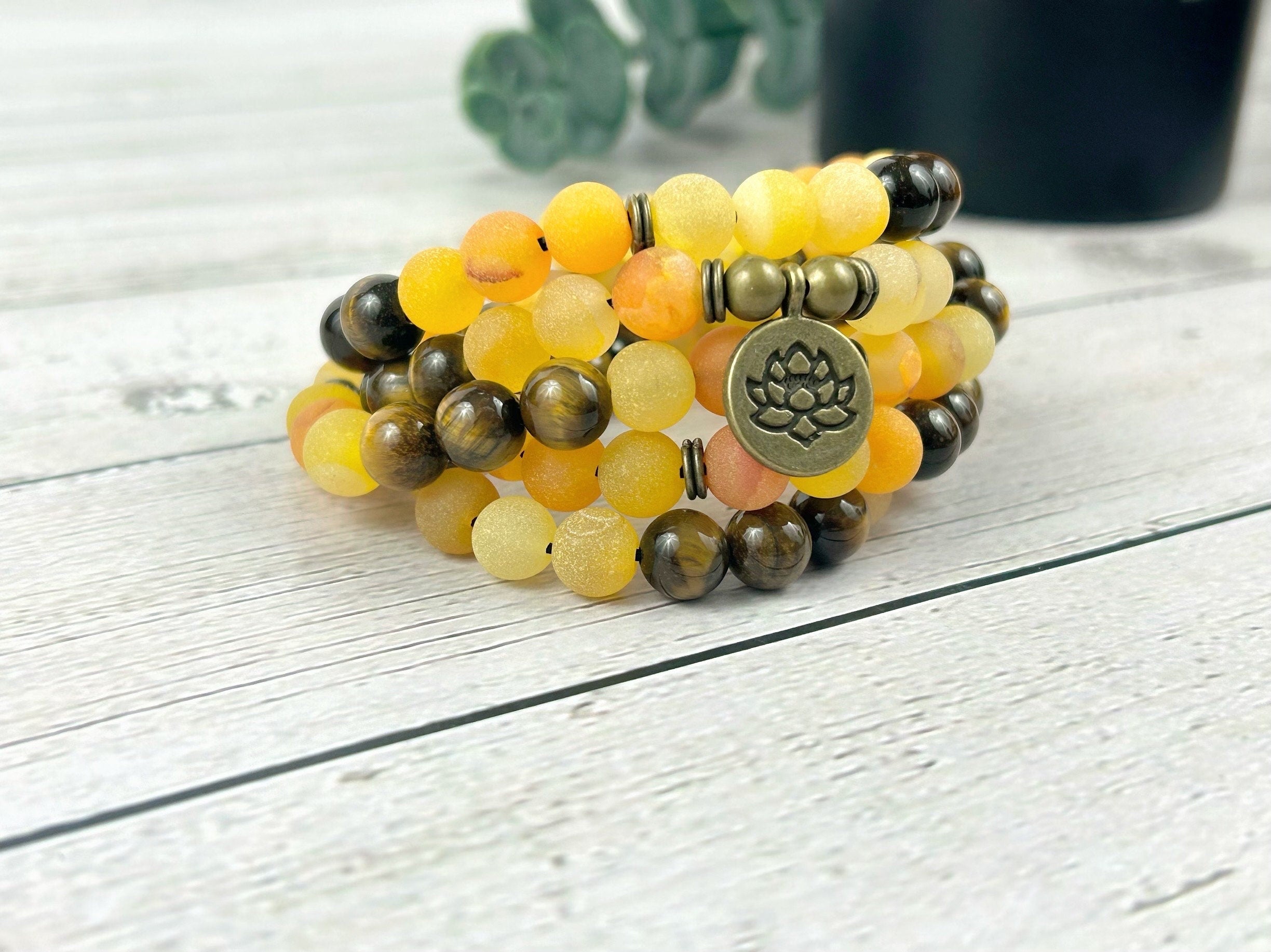 108 Mala Necklace, Yellow Agate Necklace, Tiger Eye Necklace, Meditation Mala, Prayer Beads Necklace, Japa Mala, 108 Mala Beads Bracelet