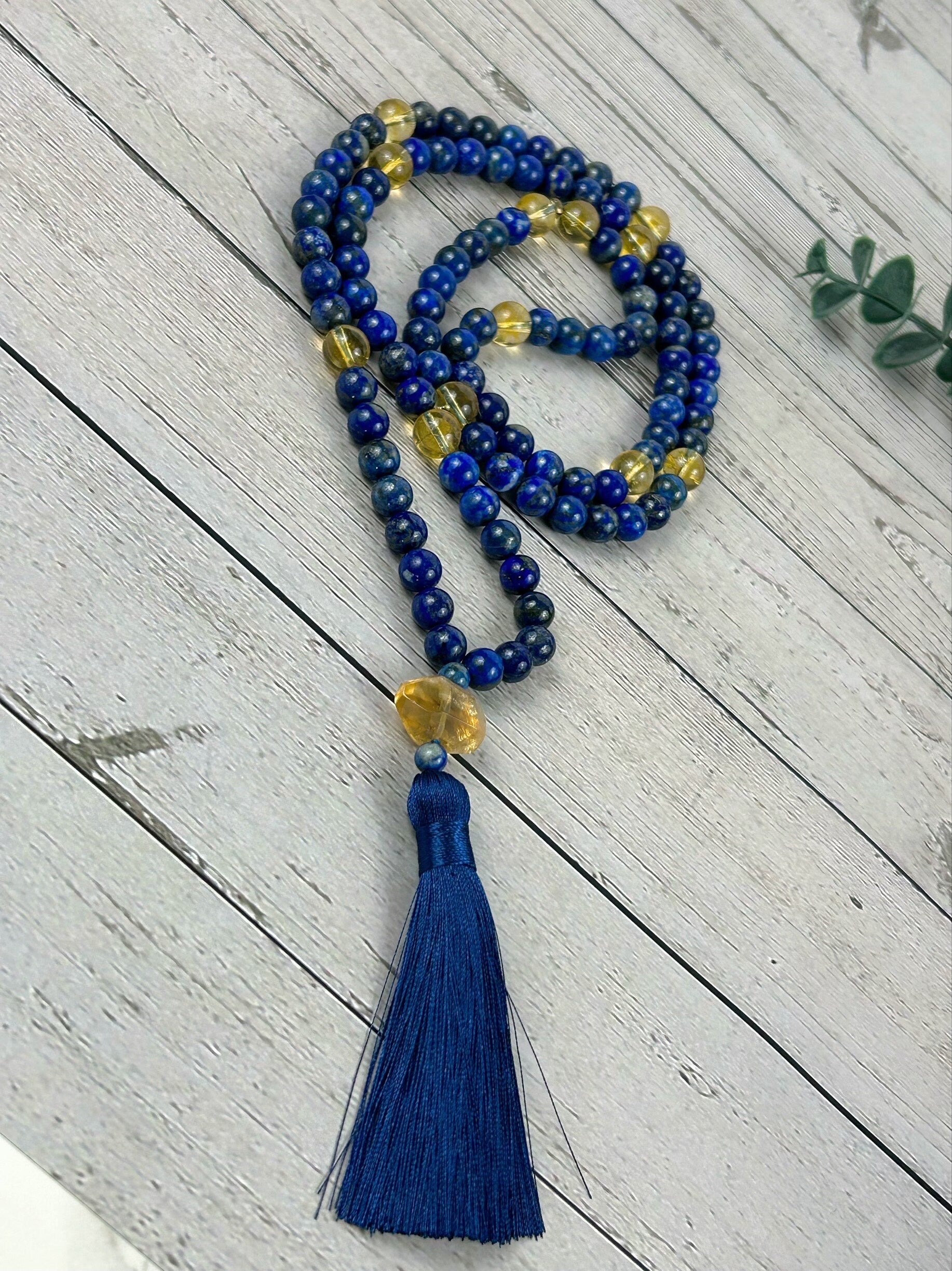 Lapis Lazuli Mala Necklace, Citrine 108 Mala Beads Necklace, Prayer Beads Necklace, 108 Mala Beads Bracelet, Japa Mala Meditation Necklace