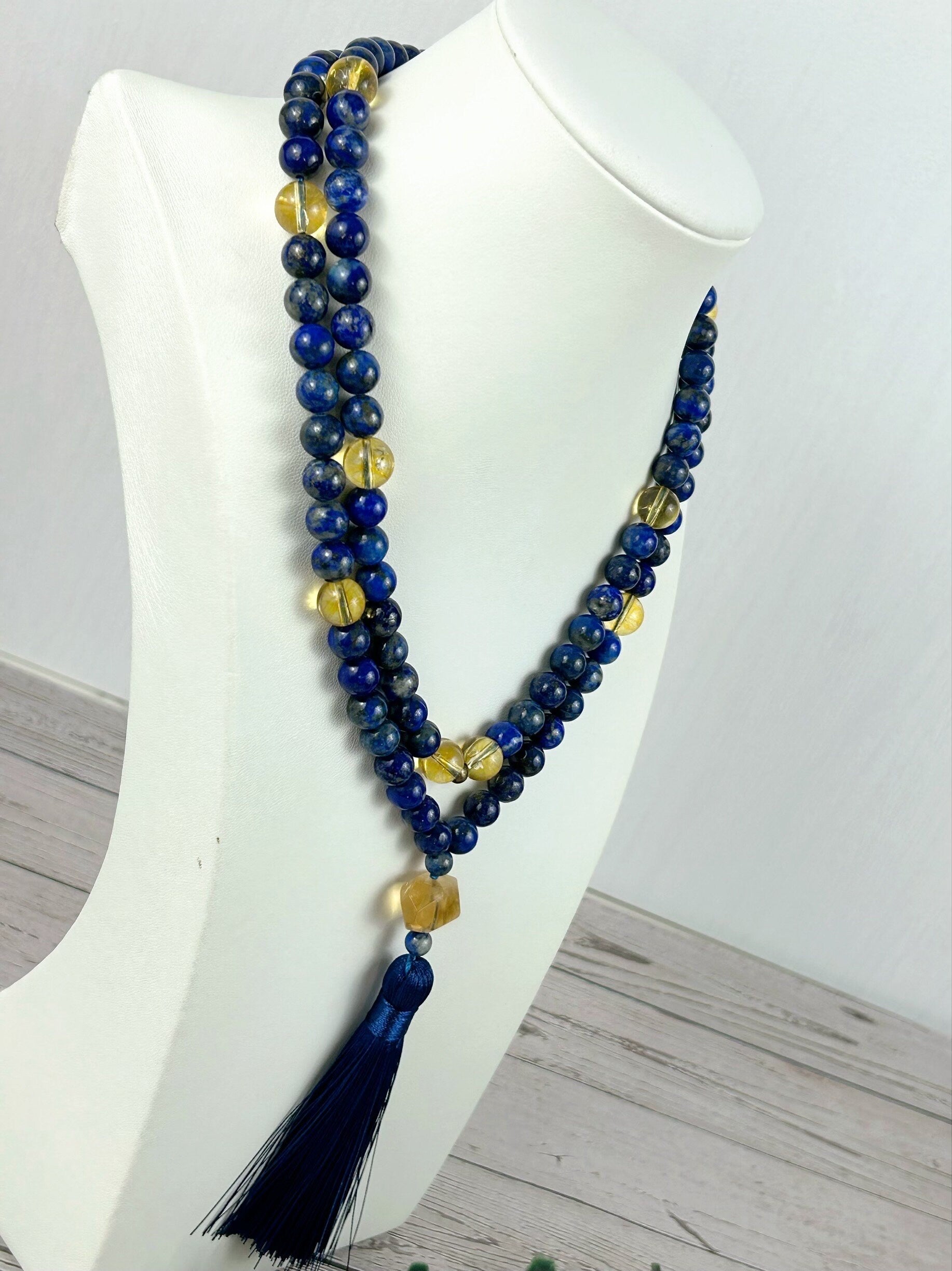 Lapis Lazuli Mala Necklace, Citrine 108 Mala Beads Necklace, Prayer Beads Necklace, 108 Mala Beads Bracelet, Japa Mala Meditation Necklace