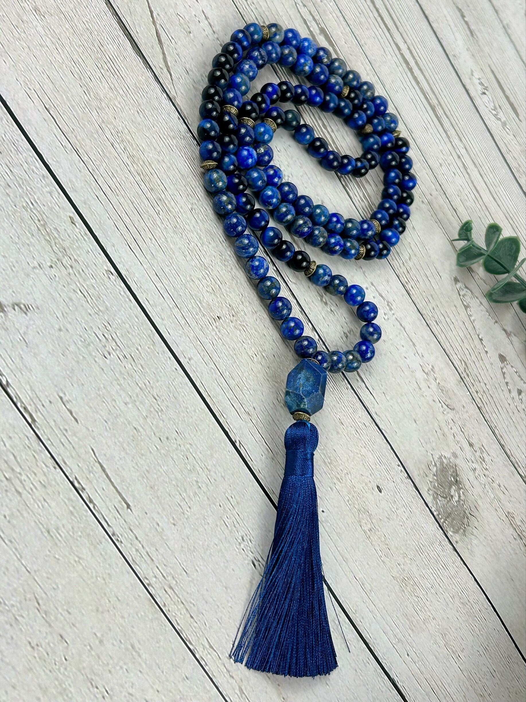Lapis Lazuli Mala Necklace, 108 Mala Beads Necklace, Prayer Beads Necklace, Blue Tigers Eye, Japa Mala Meditation Necklace